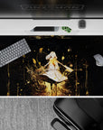Midnight-black anime desk pad 40x20 inches with glowing gold accents, dreamy calm vibe, and sparkles.