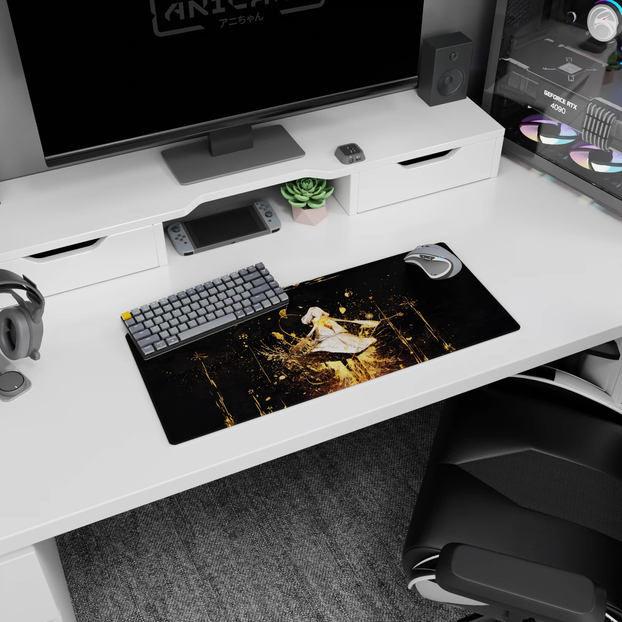 28x12 inches mouse pad featuring an anime girl with closed eyes, soft hair, and a glowing chest detail.