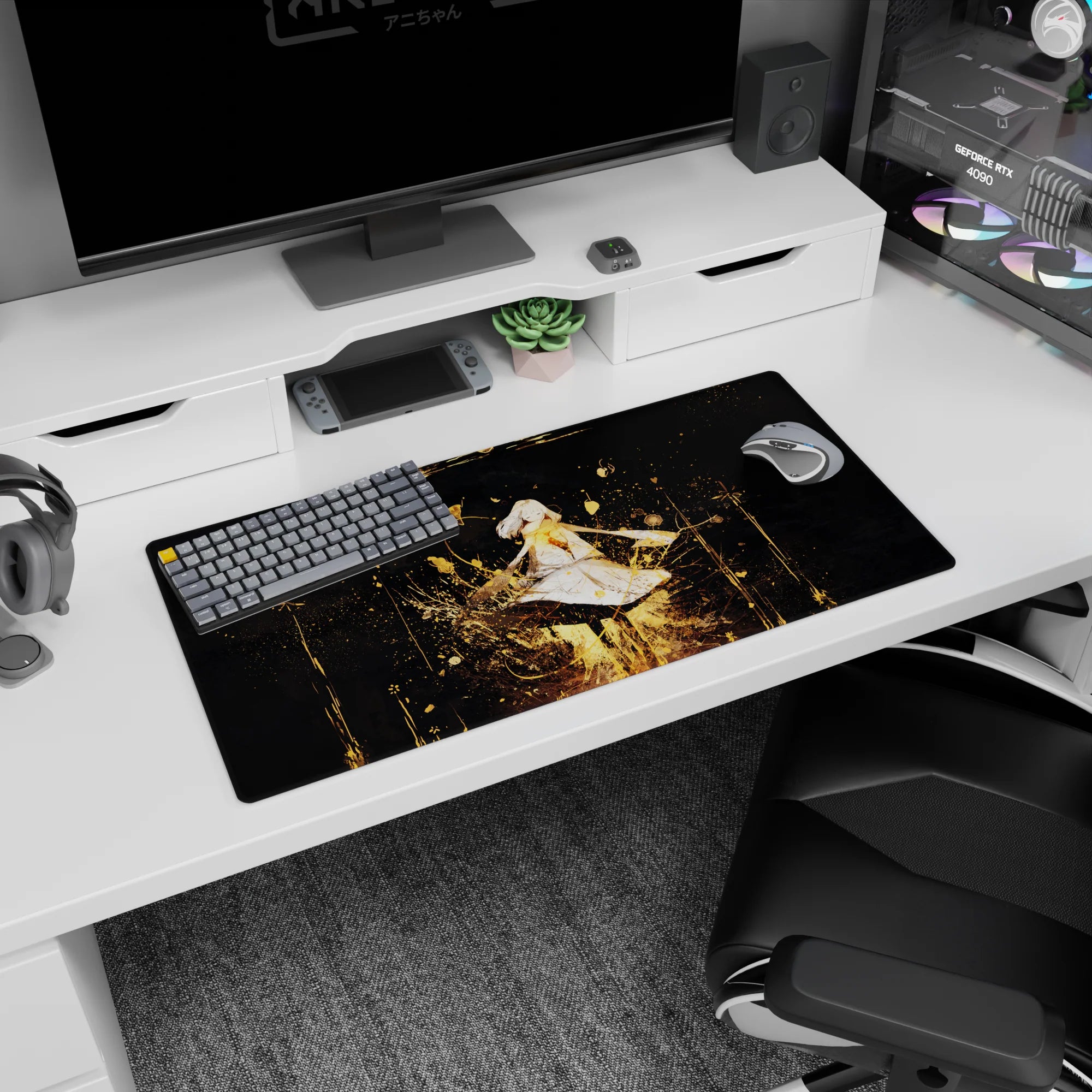 32x16 inches mouse pad showing an anime girl with closed eyes, soft hair, glowing chest, drifting in space.