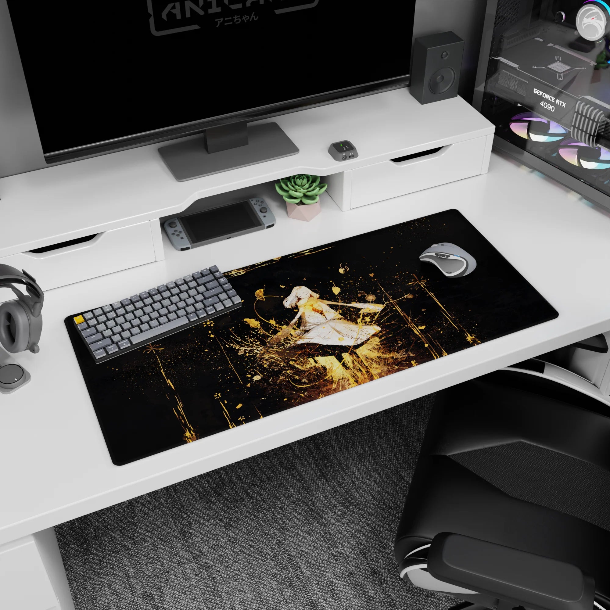 36x16 inches anime girl desk pad showing a floating girl with closed eyes, soft hair, and glowing chest.