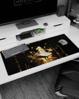 36x16 inches anime girl desk pad showing a floating girl with closed eyes, soft hair, and glowing chest.