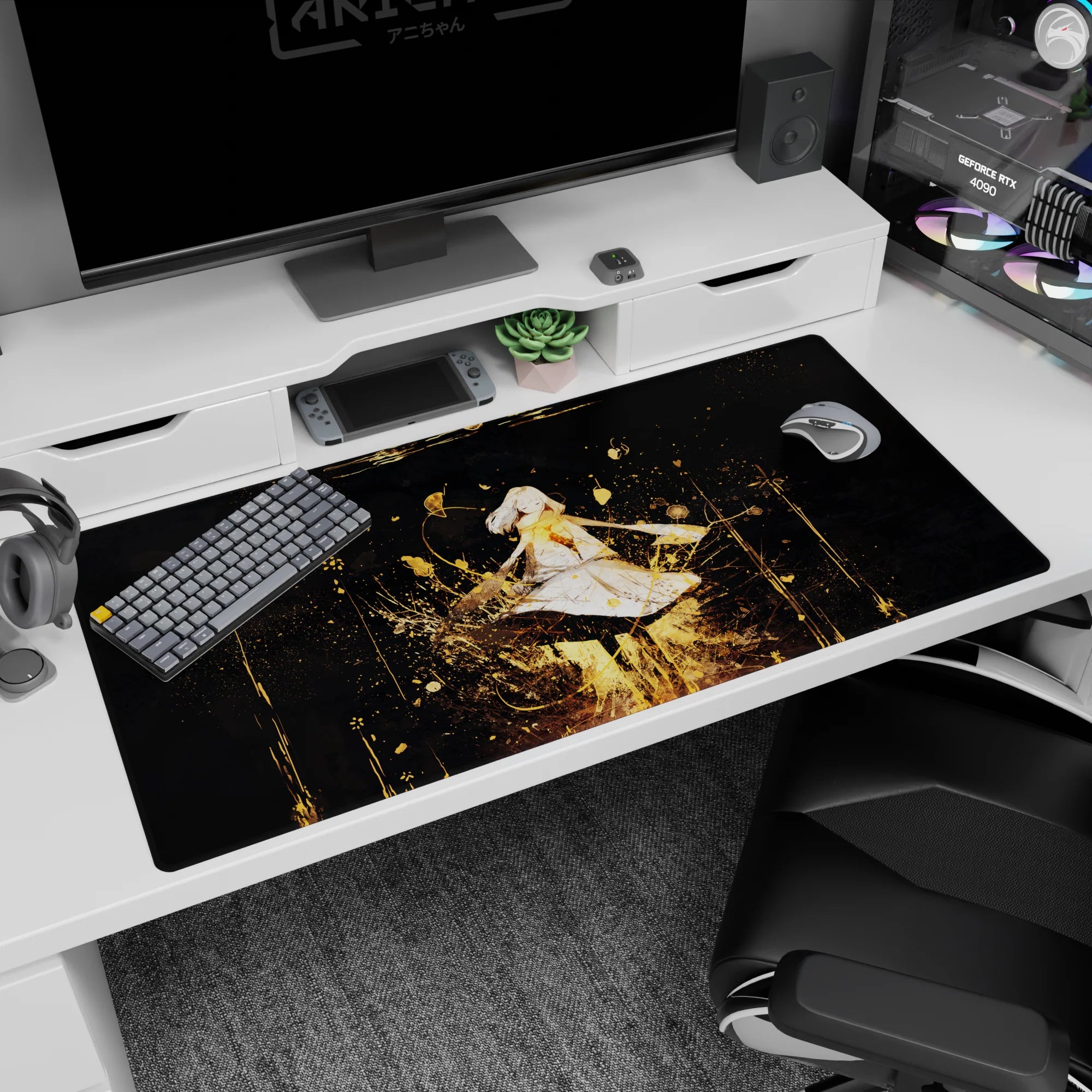 40x20 inches anime girl desk pad showing a serene girl in white, eyes closed, with a warm glowing chest.