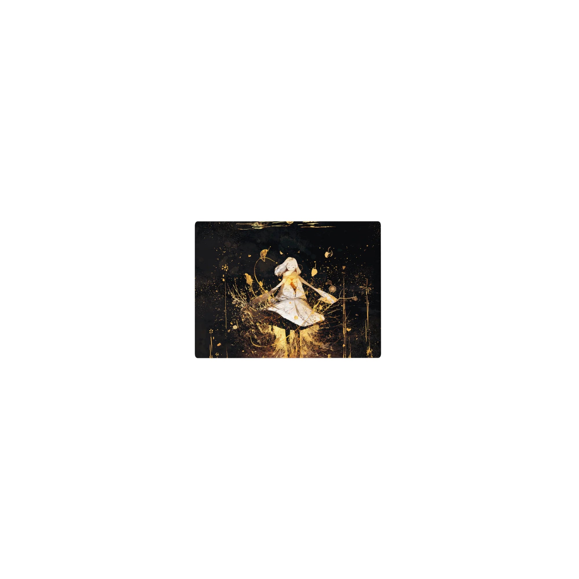 Classic anime girl mouse pad 14x10 inches, white-dress heroine on midnight black with gold splatter stars.