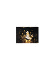Classic anime girl mouse pad 14x10 inches, white-dress heroine on midnight black with gold splatter stars.