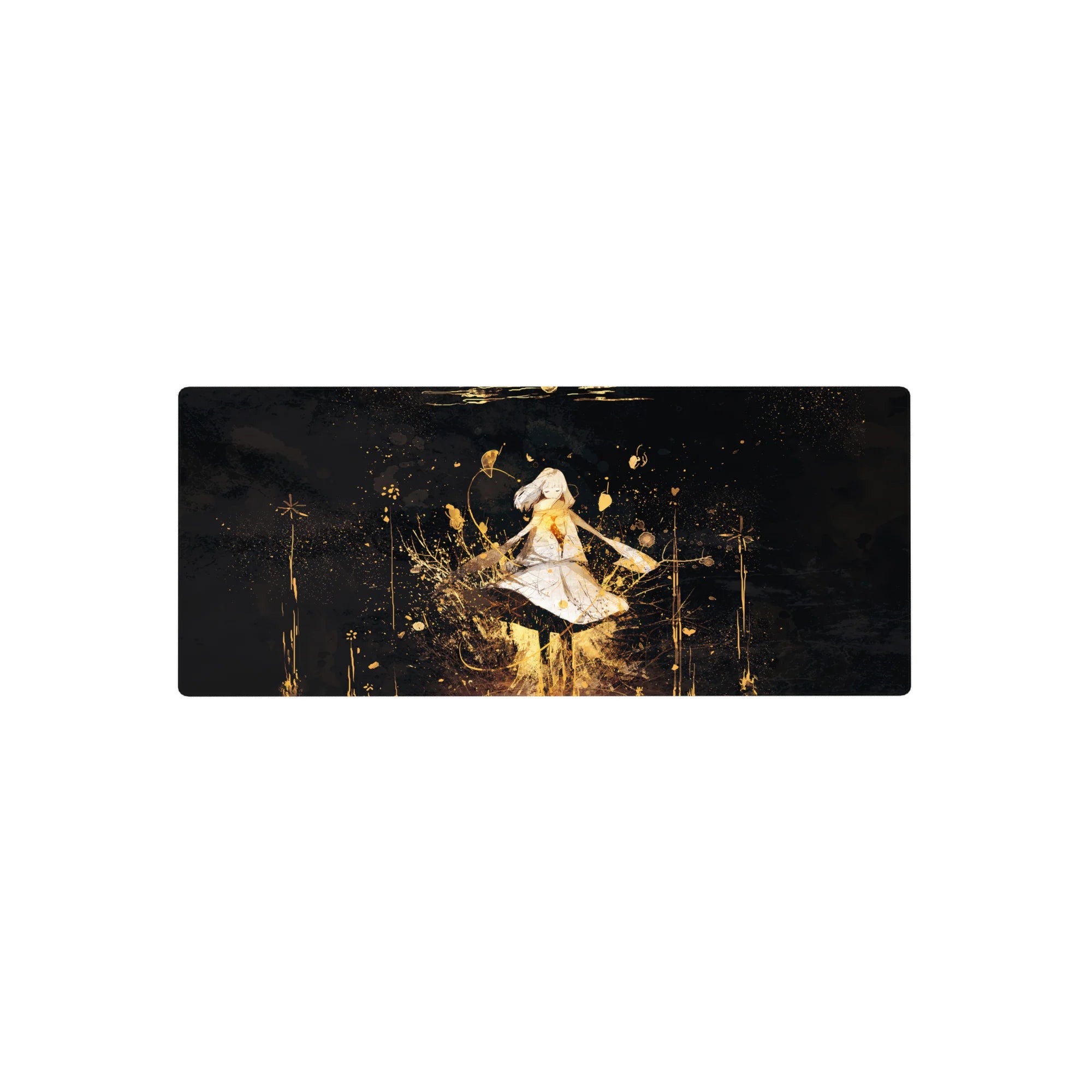 28x12 inches anime girl mouse pad, floating heroine in white dress with gold splatter on midnight black.