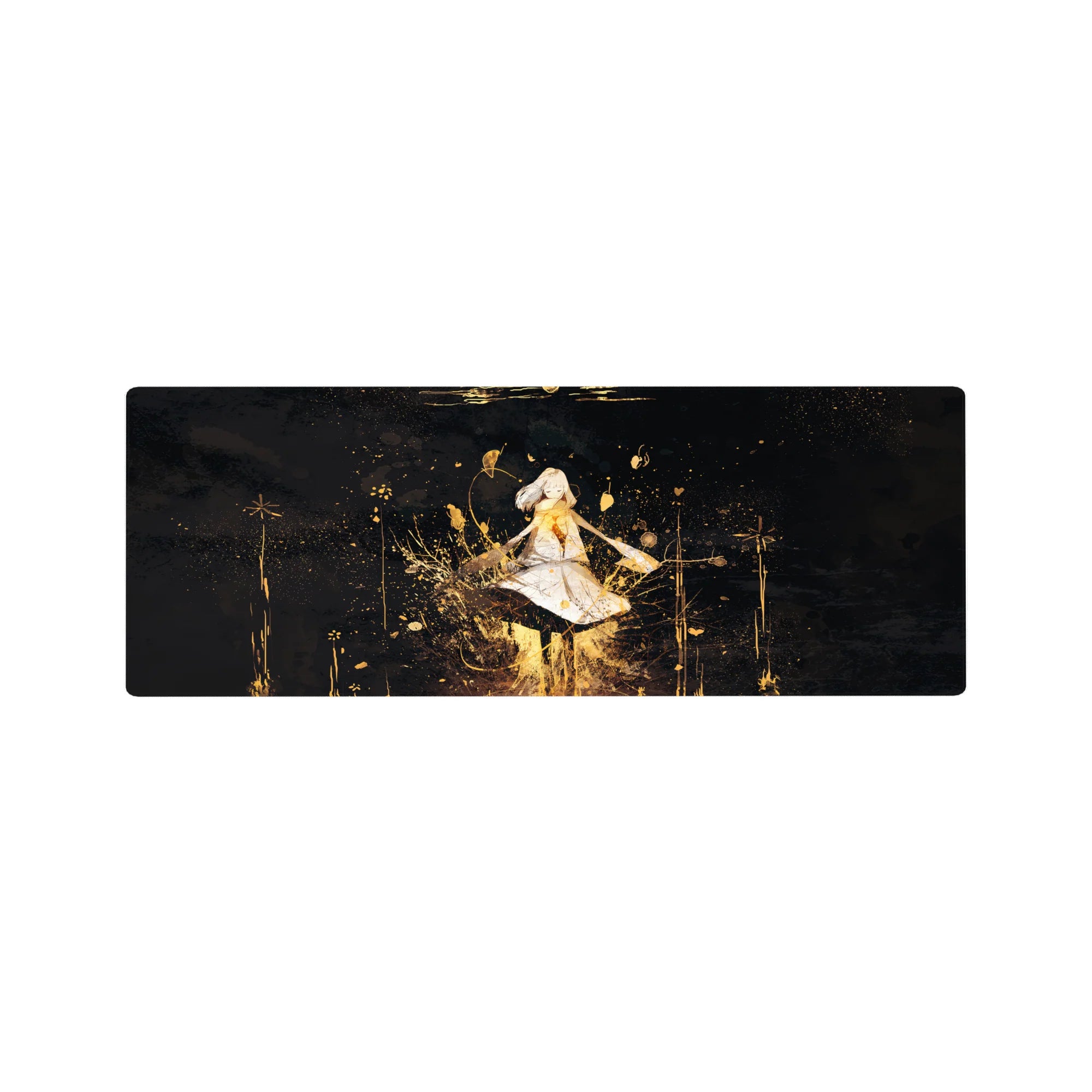 32x12 inches anime girl desk mouse pad with floating heroine in white dress on midnight-black, gold splatter.