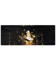 32x12 inches anime girl desk mouse pad with floating heroine in white dress on midnight-black, gold splatter.