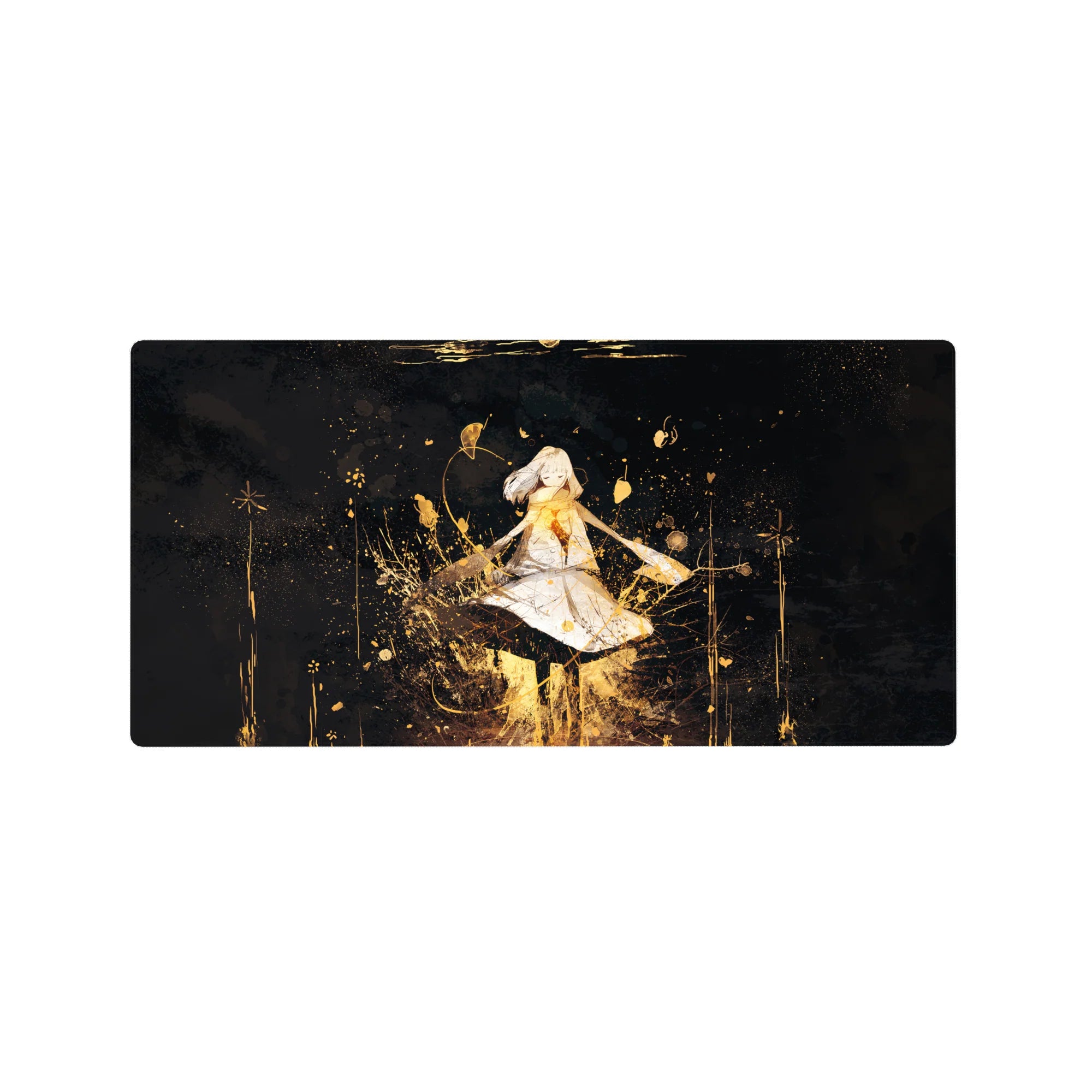 32x16 inches anime girl mouse pad with floating heroine in white dress on midnight-black with gold splatter.