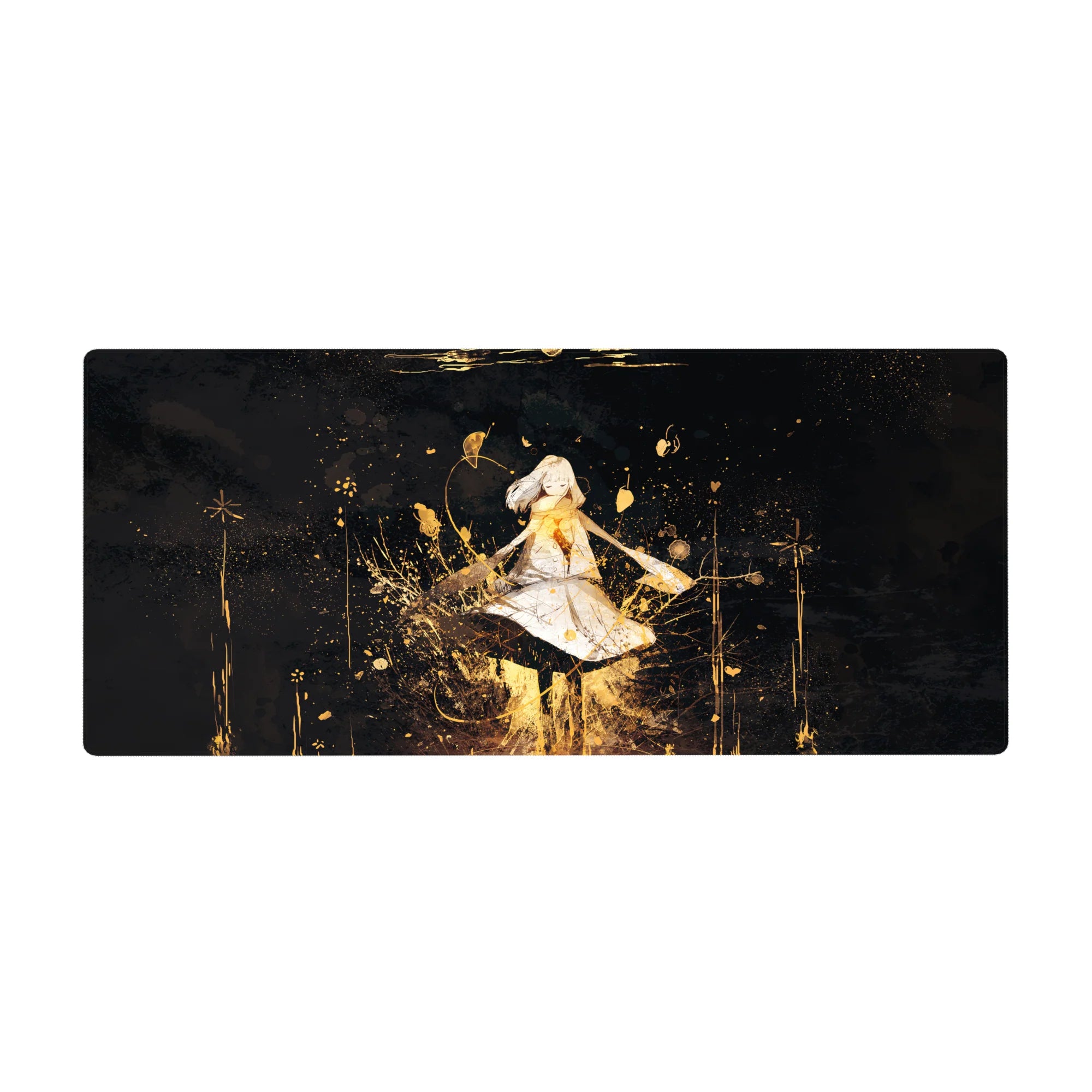 Anime girl desk pad 36x16 inches with white-dress heroine on midnight black and gold splatter stars.