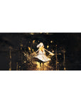 Anime girl desk pad 36x16 inches with white-dress heroine on midnight black and gold splatter stars.