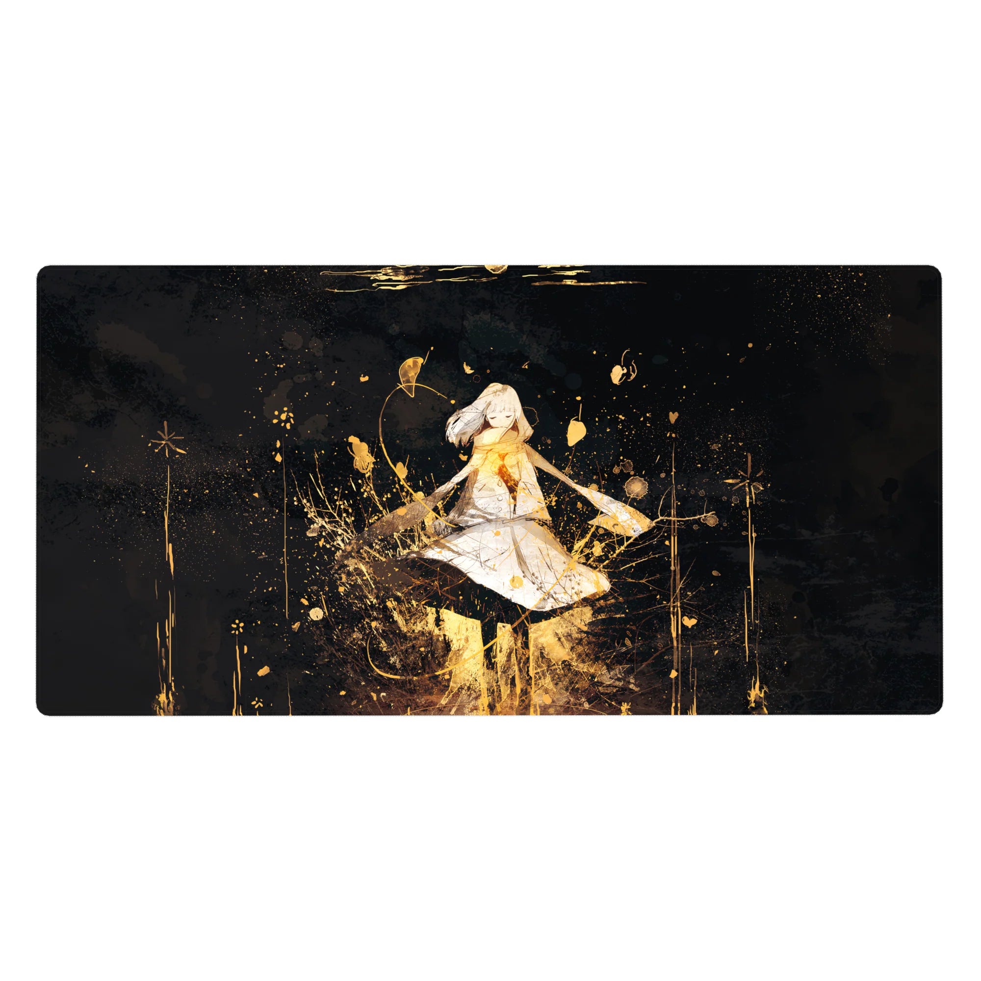 Anime girl desk pad 40x20 inches with floating heroine, gold splatter, and starburst doodles on black.