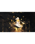 Anime girl desk pad 40x20 inches with floating heroine, gold splatter, and starburst doodles on black.