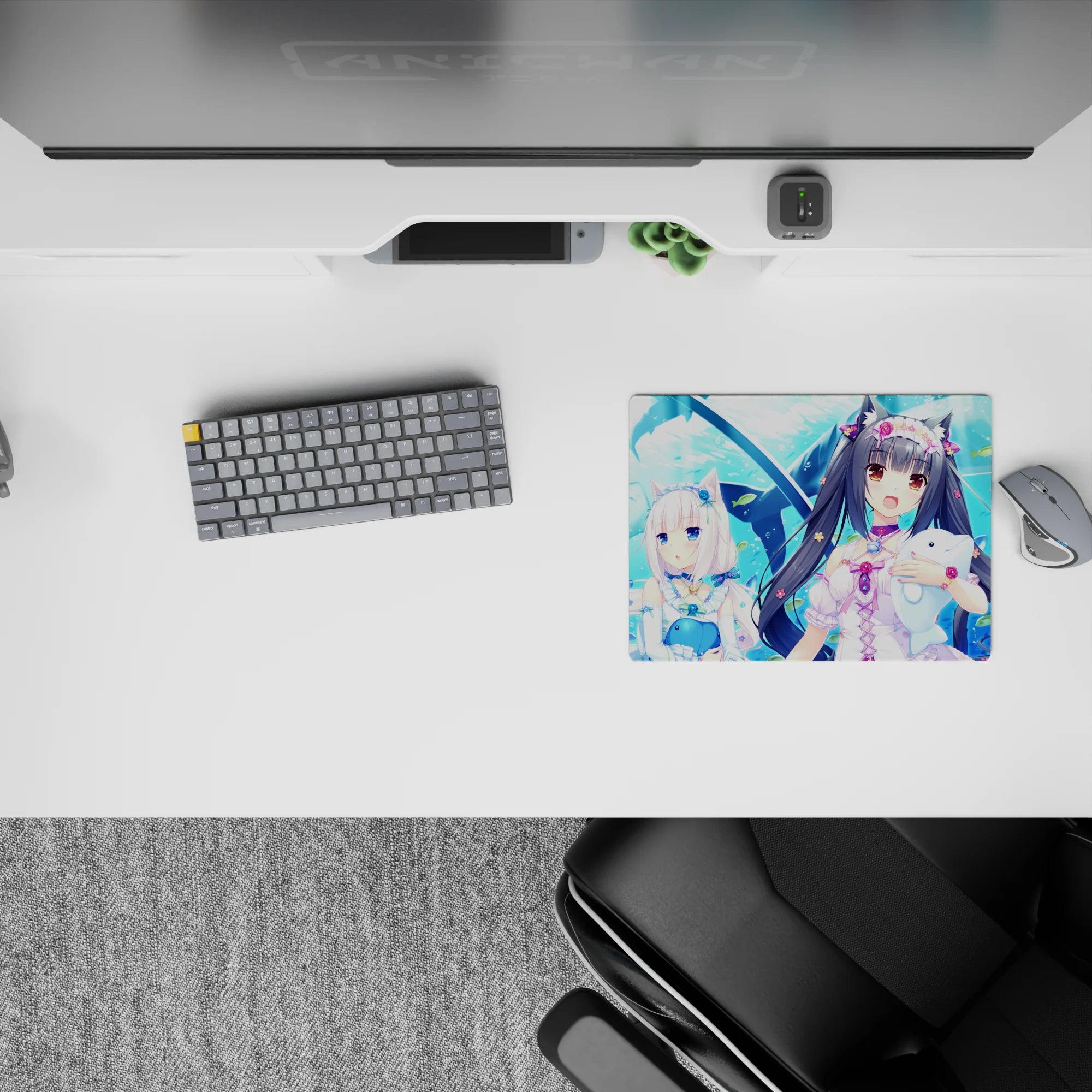 Kawaii pastel anime girl mouse pad 14x10 inches in bright ocean blues with sparkly clips and summer vibes.