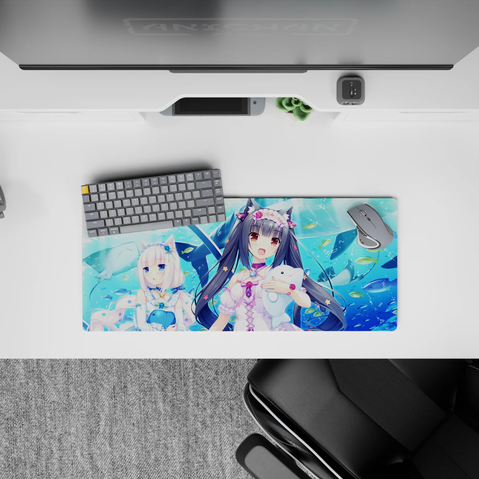28x12 inches kawaii ocean blue desk mat with pastel ribbons, sparkly clips, and glossy anime eyes.
