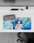 28x12 inches kawaii ocean blue desk mat with pastel ribbons, sparkly clips, and glossy anime eyes.