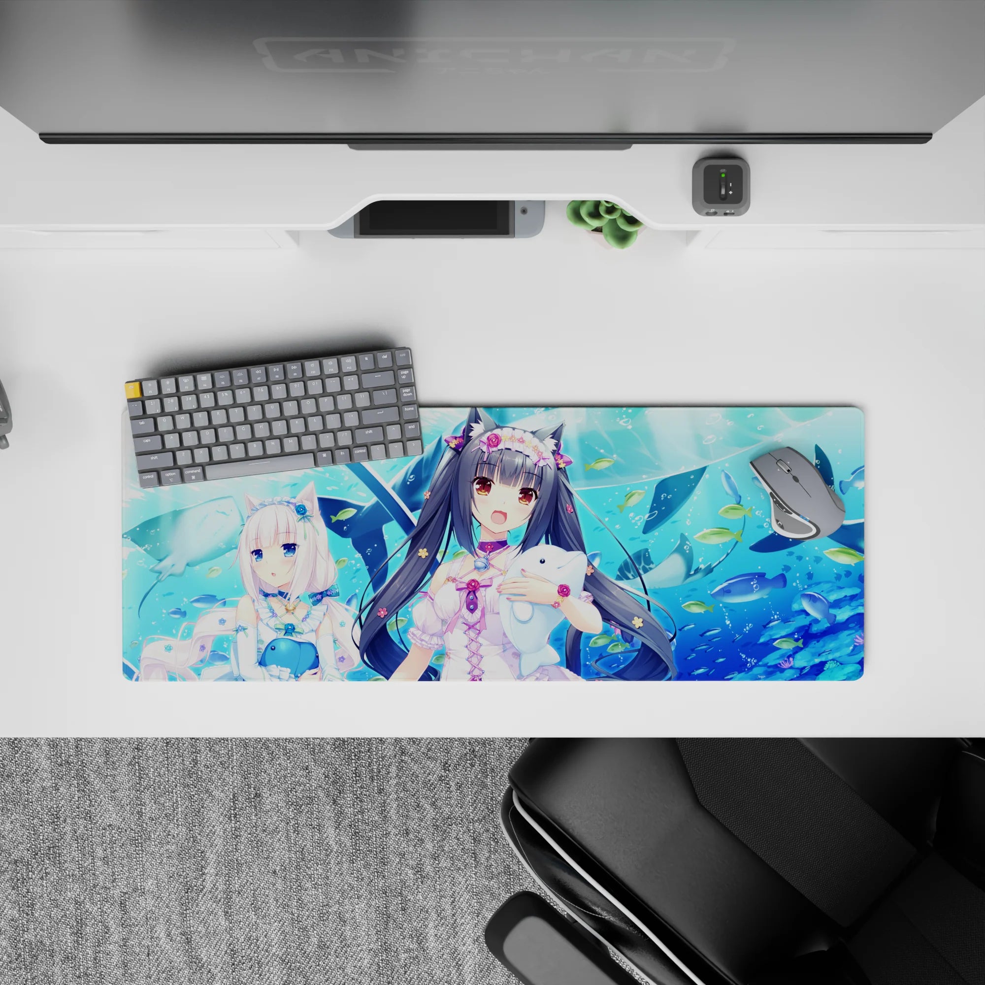 Anime girl mouse pad 32x12 inches in ocean-bright blues with pastel ribbons, sparkly clips, kawaii summer vibe.