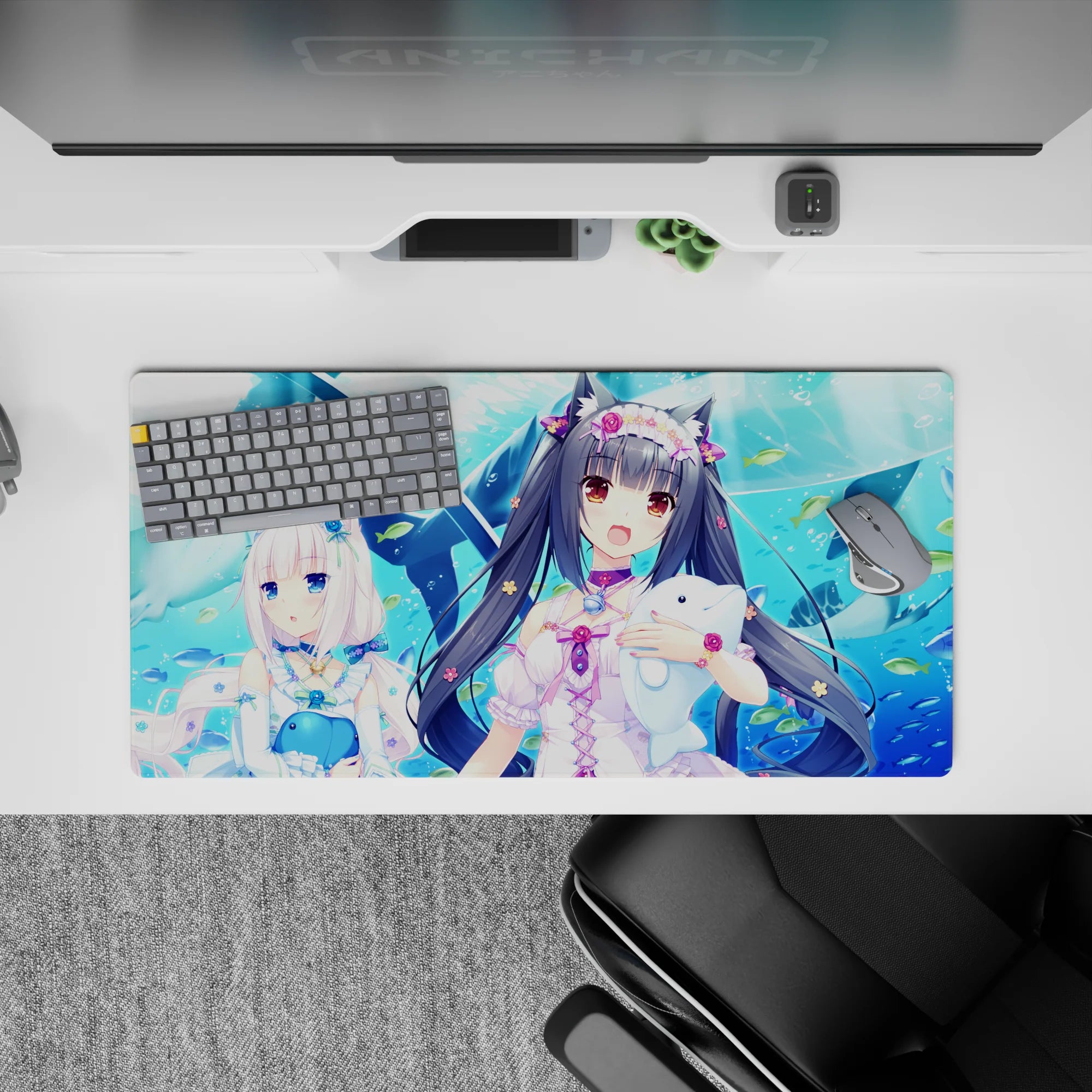 Ocean-bright blue kawaii anime girl mouse pad 32x16 inches with pastel ribbons and glossy eyes.