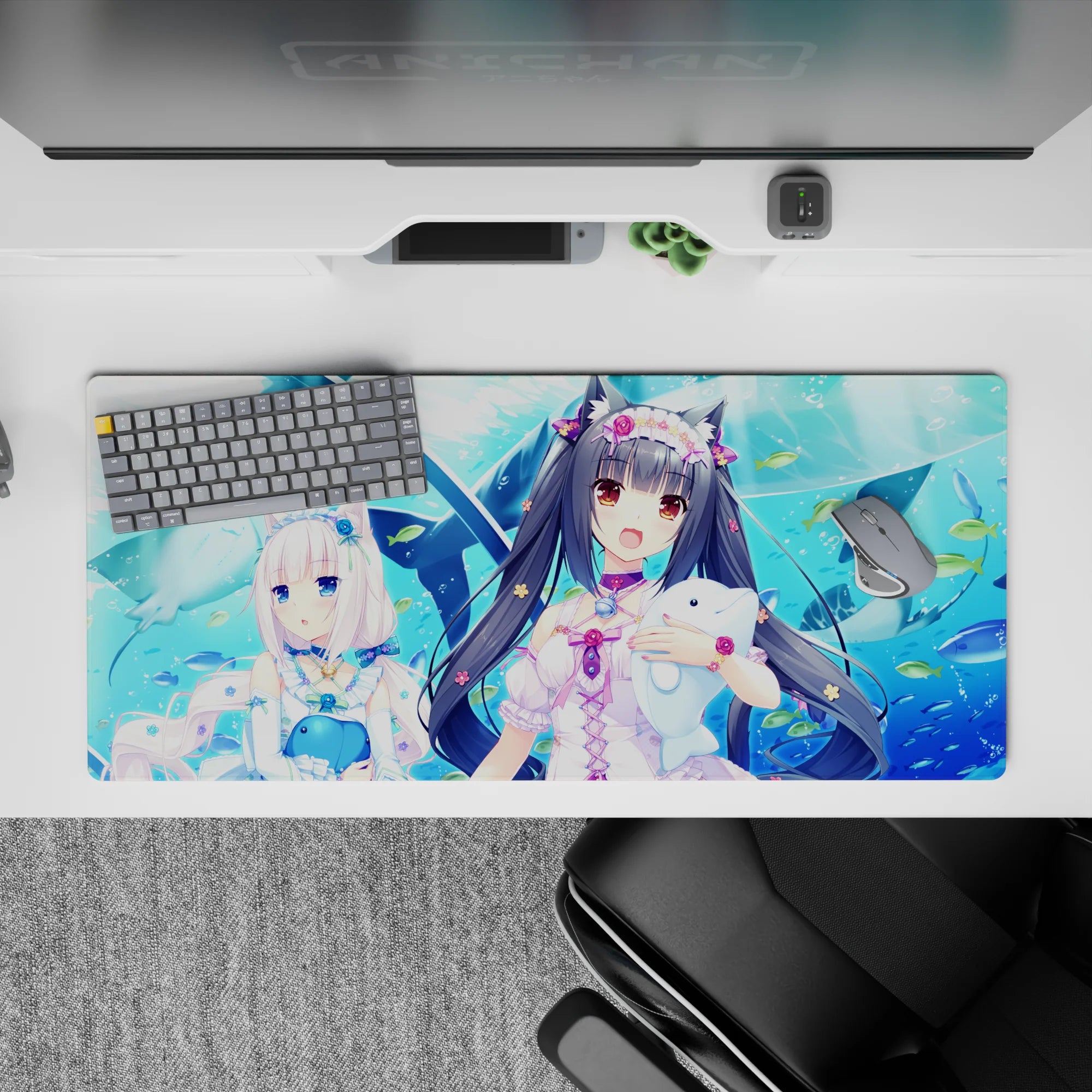 36x16 inches kawaii desk pad in bright ocean blues and pastels, sparkly clips and sweet summer vibes.