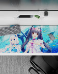 36x16 inches kawaii desk pad in bright ocean blues and pastels, sparkly clips and sweet summer vibes.