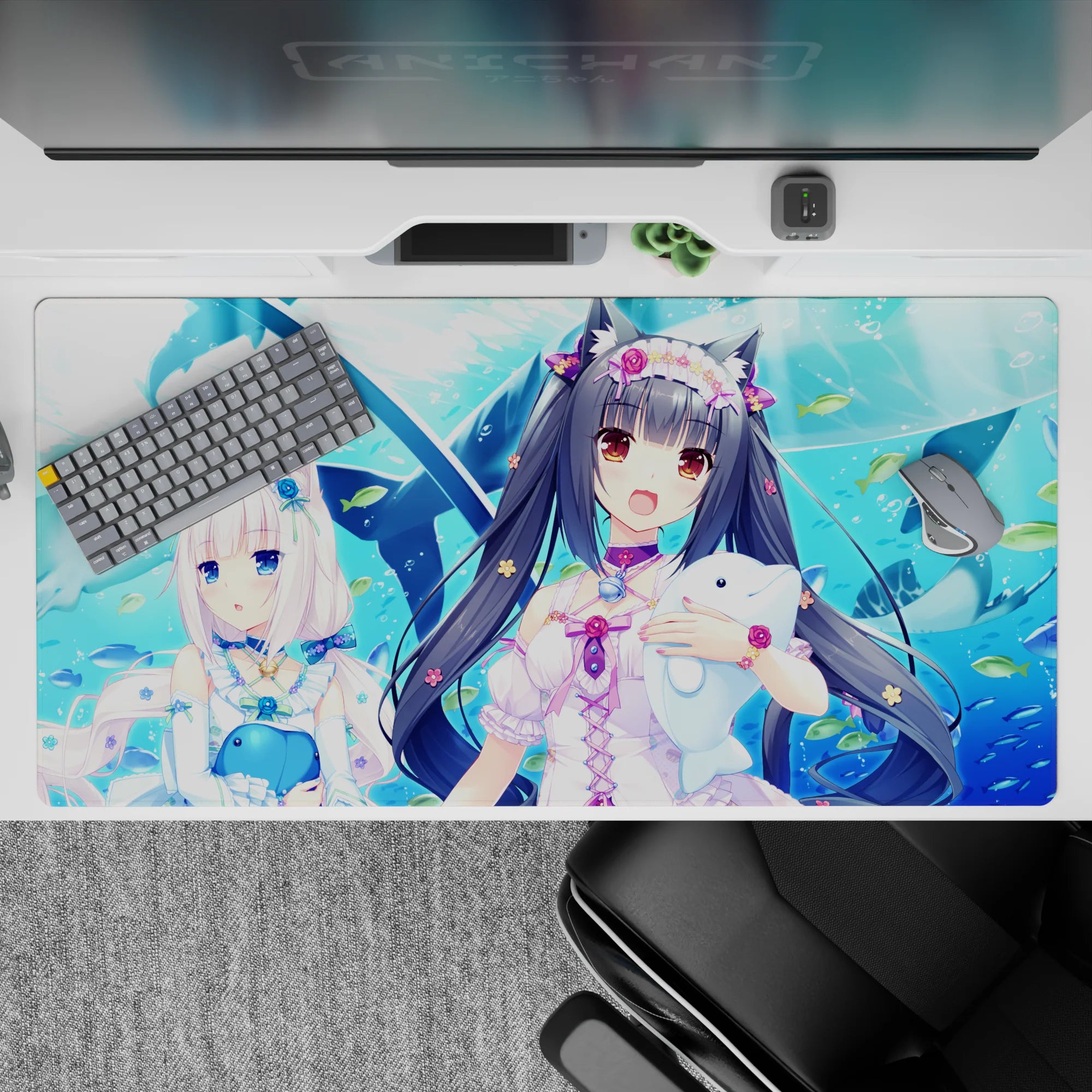 40x20 inches kawaii blue desk pad with pastel ribbons, sparkly clips, glossy eyes, and summer vibes.