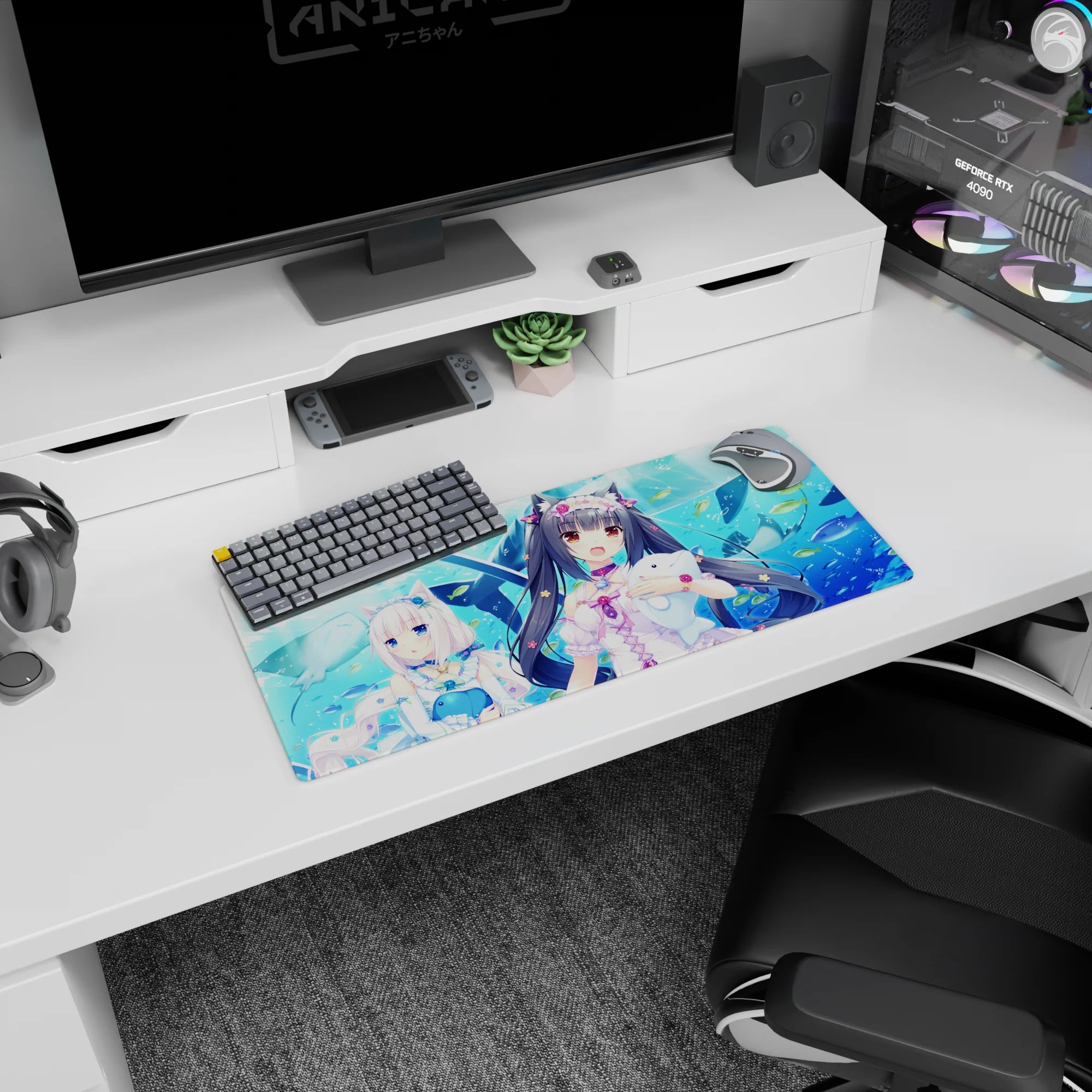 28x12 inches anime mouse pad showing twin catgirls cuddling plush whales over a clean watery background.