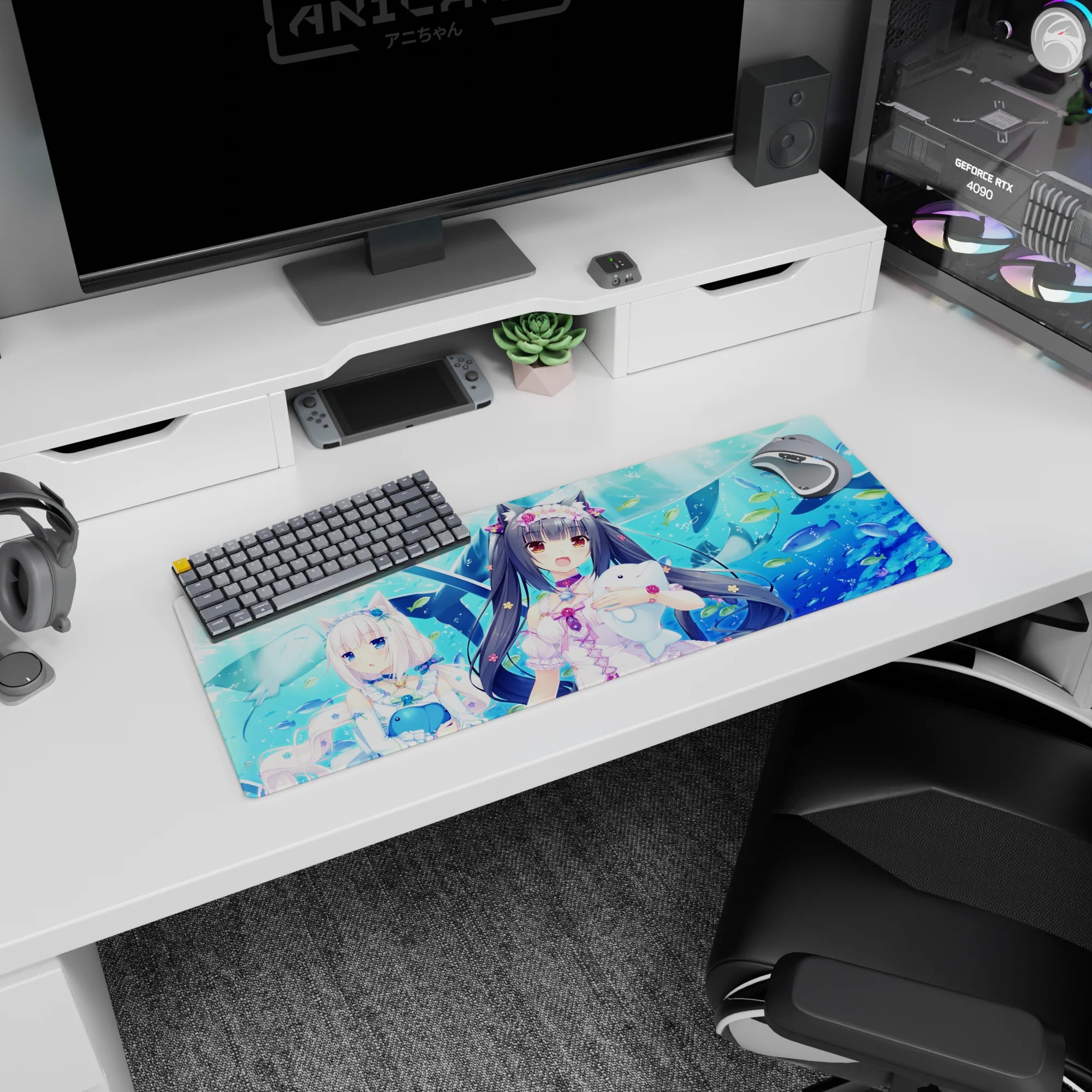 Anime girl mouse pad 32x12 inches showing two catgirls with glossy eyes hugging plush whales on a watery backdrop.