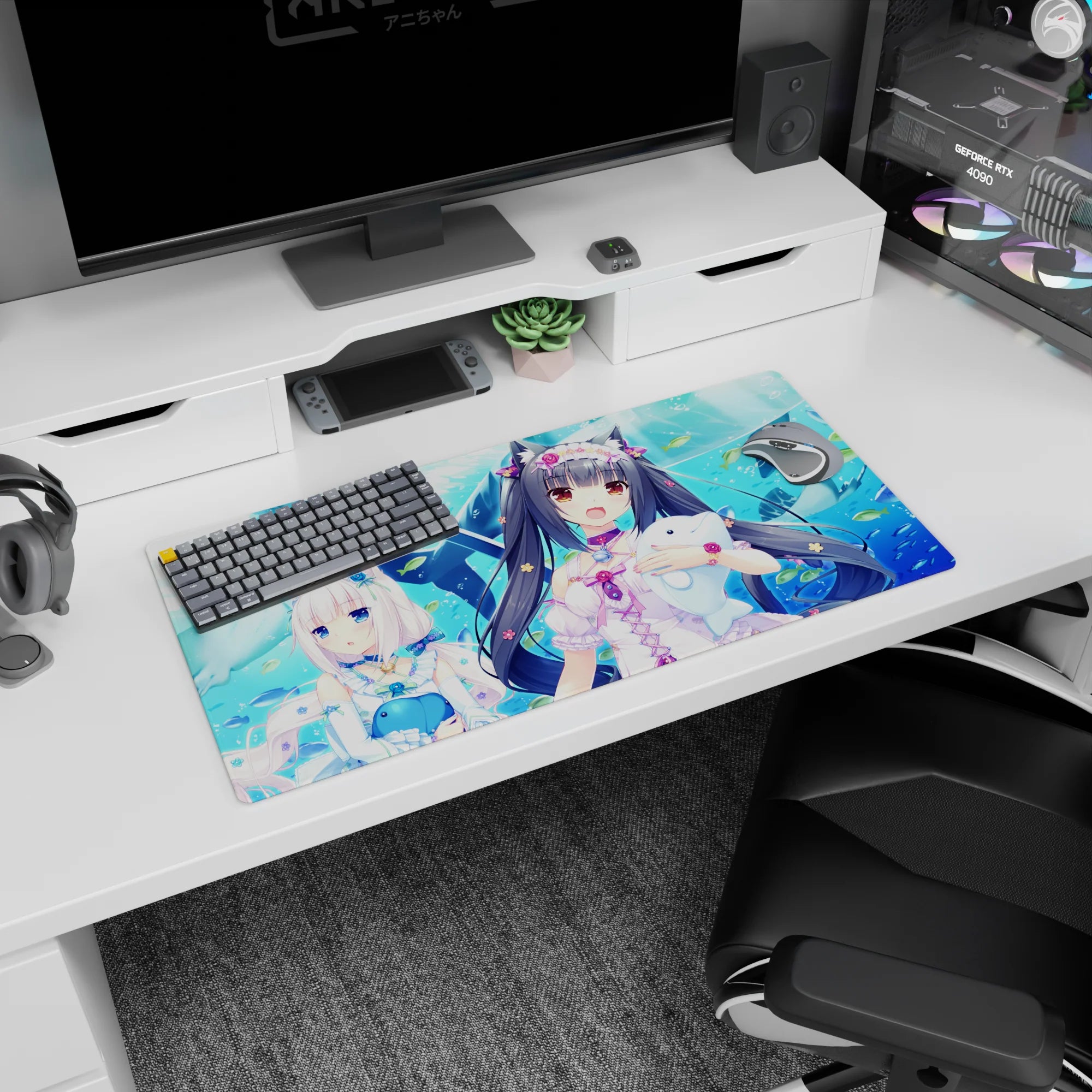 Two catgirls holding plush whales on an anime girl mouse pad 32x16 inches with watery backdrop.
