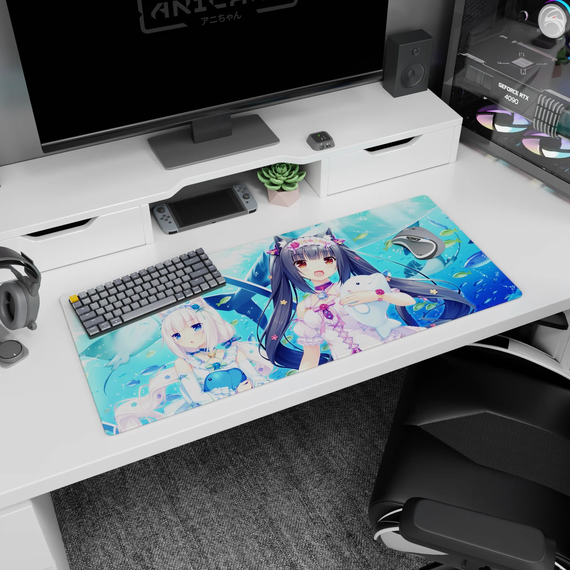 36x16 inches anime desk pad featuring two catgirls with ribbons and glossy eyes cuddling plush whales.