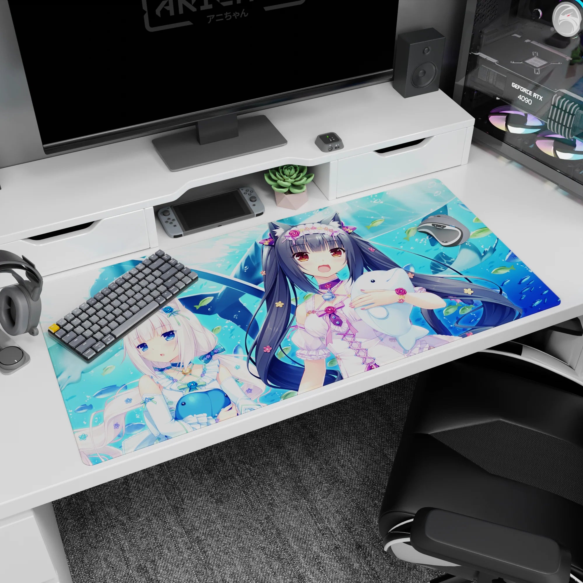 40x20 inches anime desk pad showing two catgirls cuddling plush whales amid fish in a watery scene.
