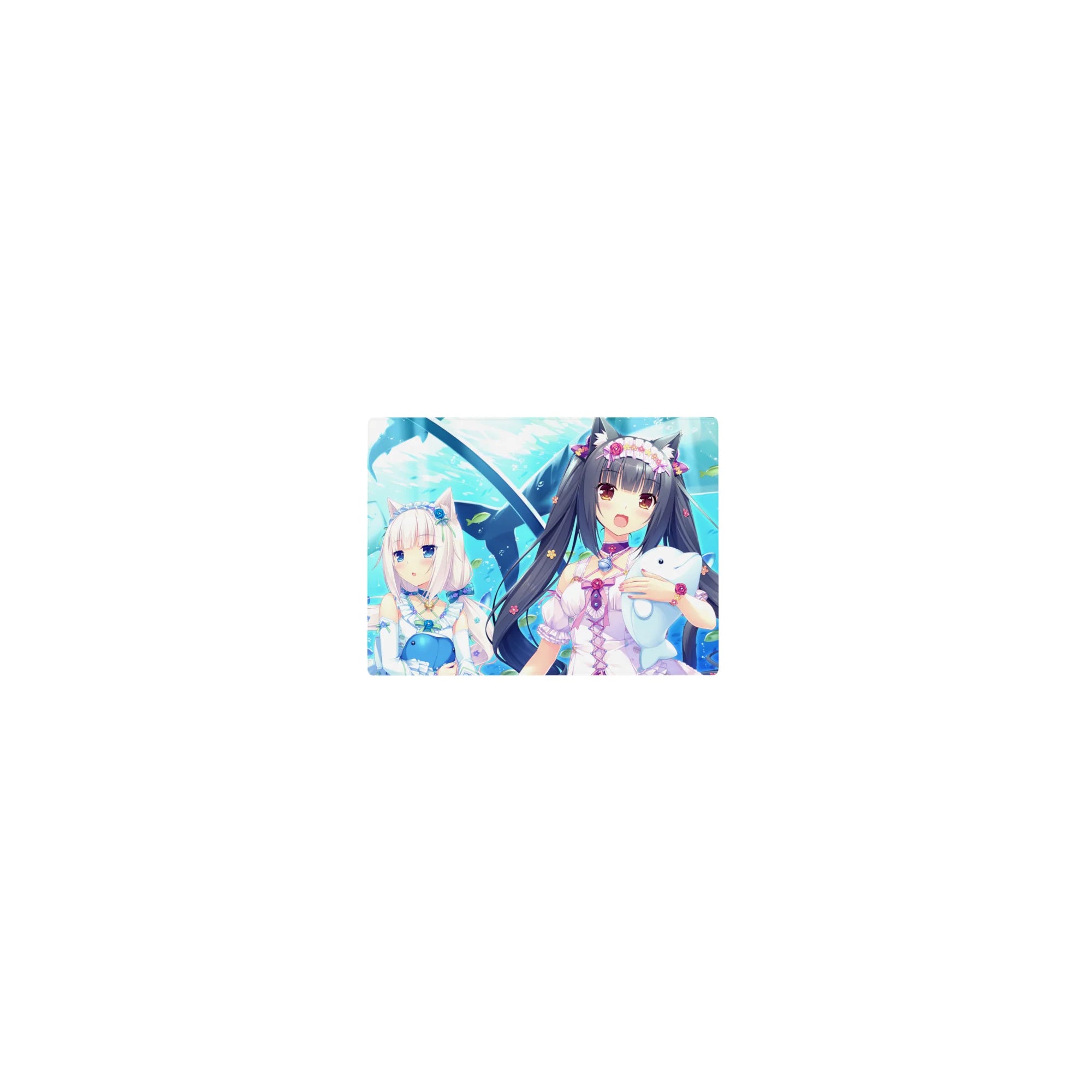 Classic anime girl mouse pad 14x10 inches with ocean-blue fish print and catgirls holding plush whales.