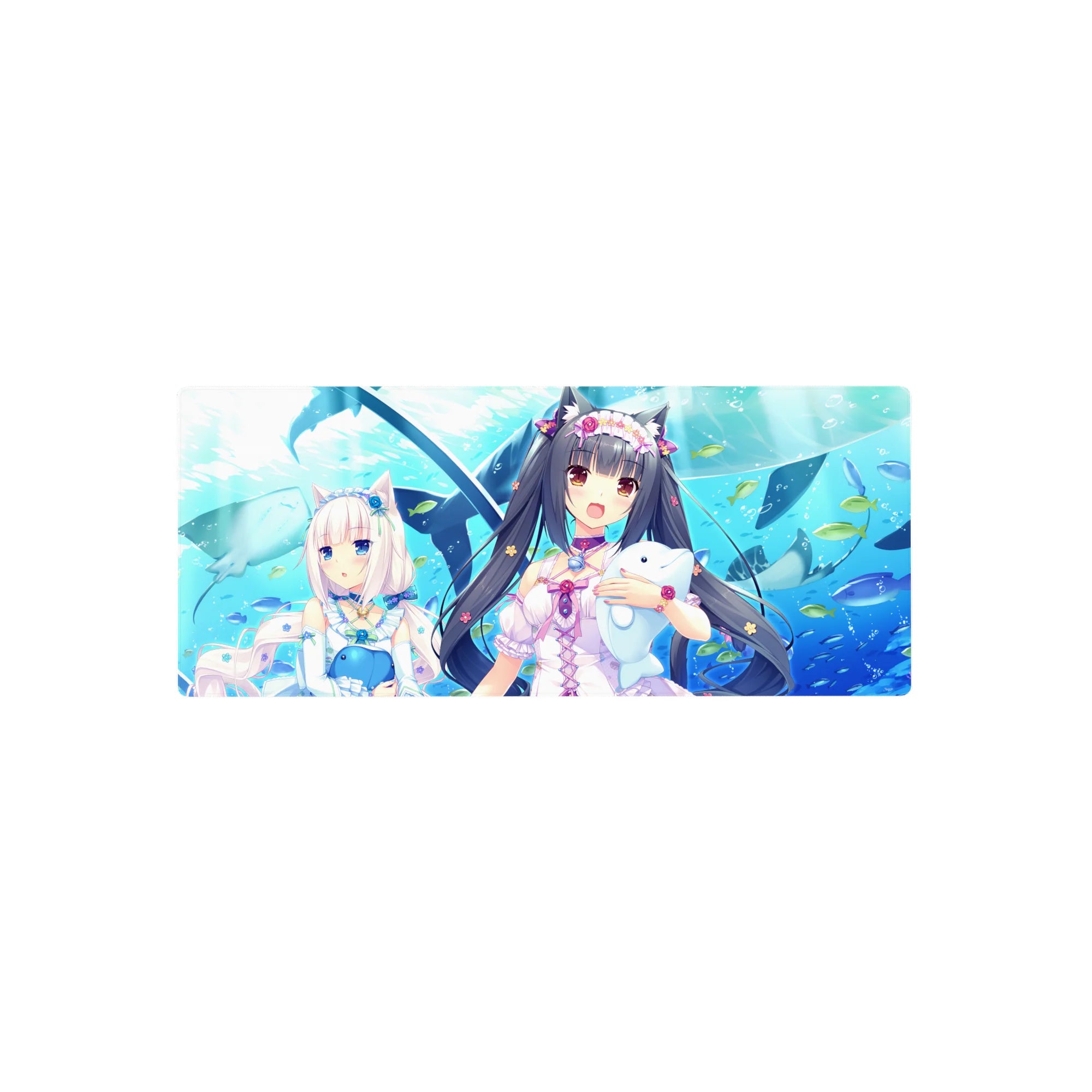28x12 inches anime girl mouse pad with two catgirls holding plush whales, fish and ocean theme.