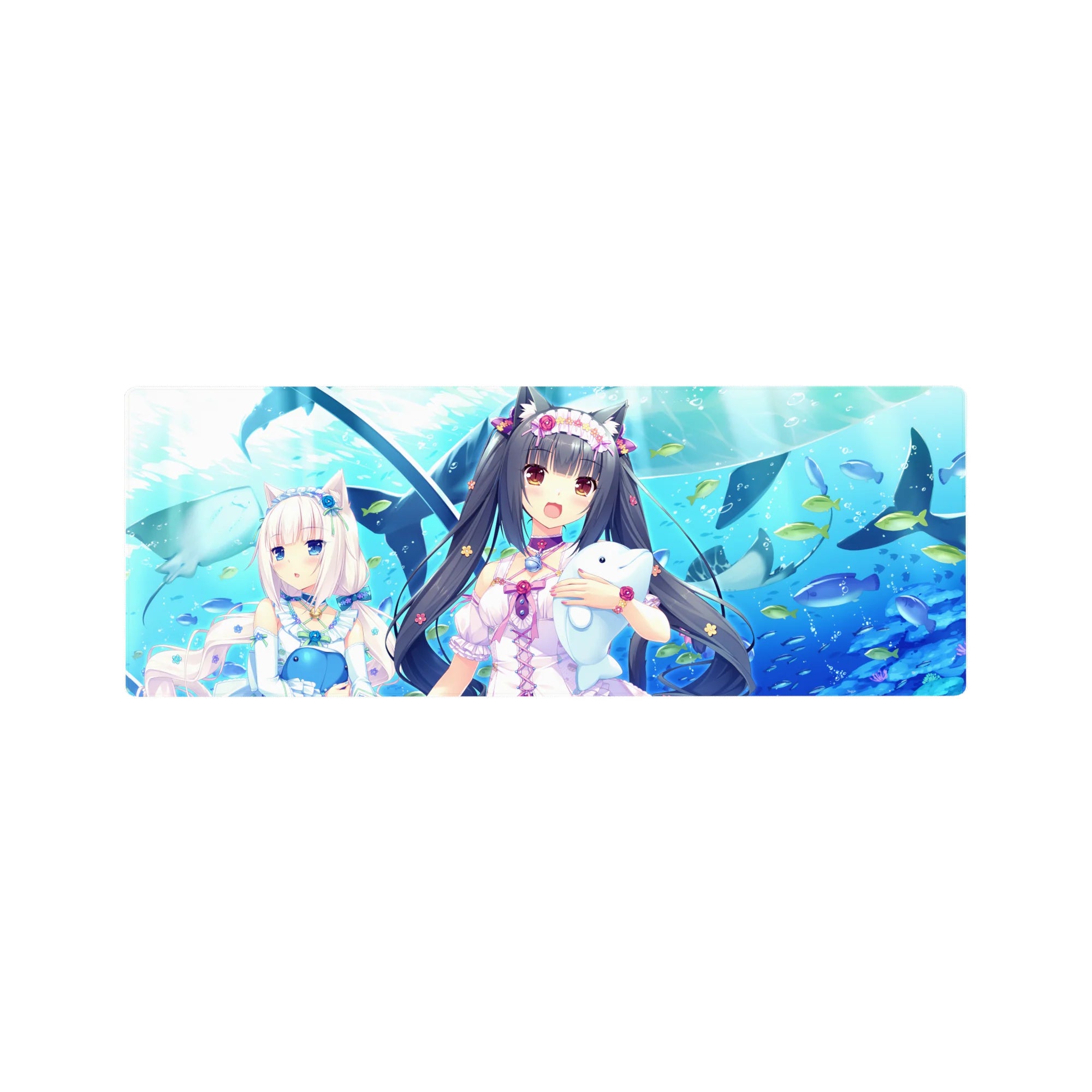 Anime girl mouse pad 32x12 inches with ocean blue print, cute fish, and catgirls holding plush whales.