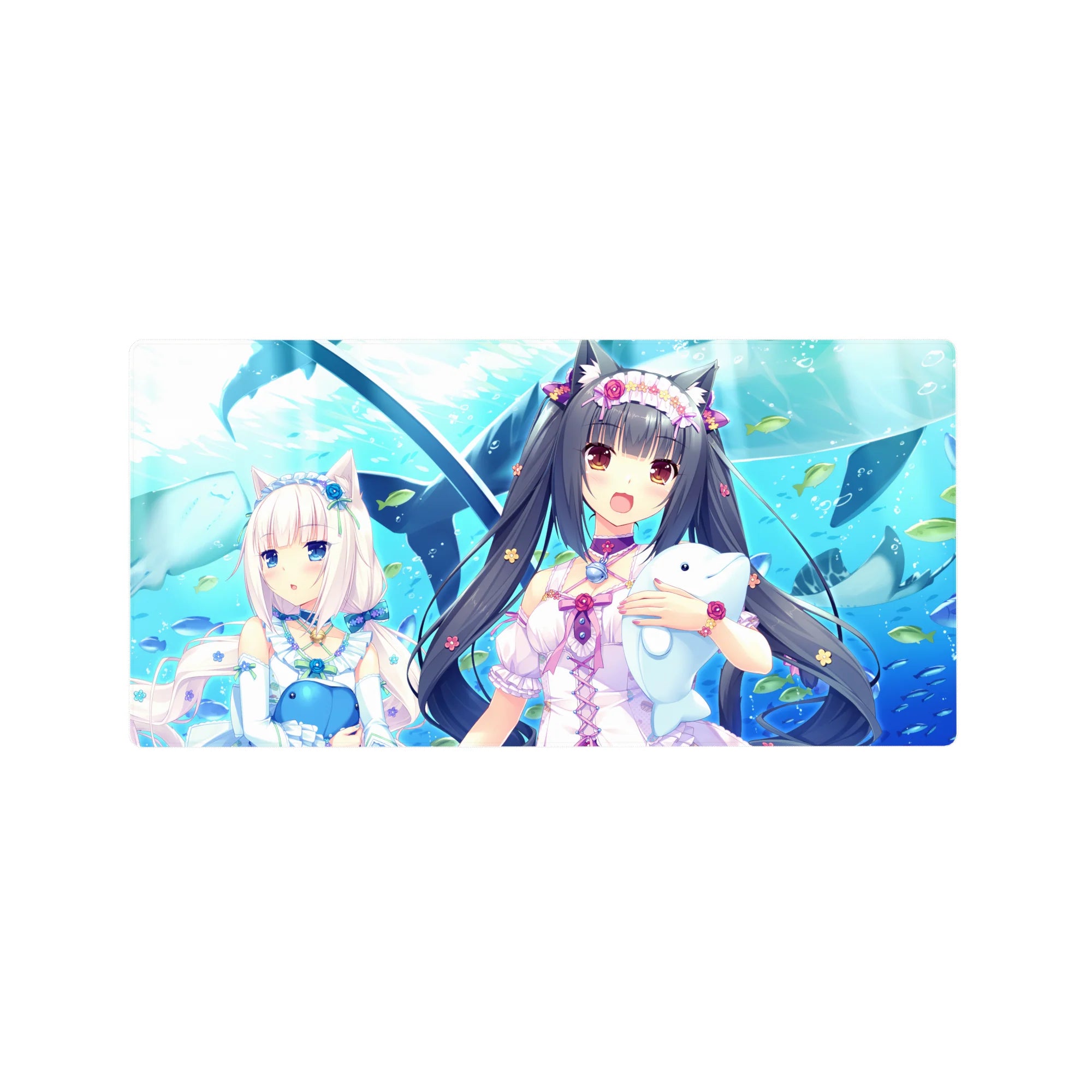 Anime girl mouse pad 32x16 inches with catgirls, fish accents, and ocean-blue summer print.