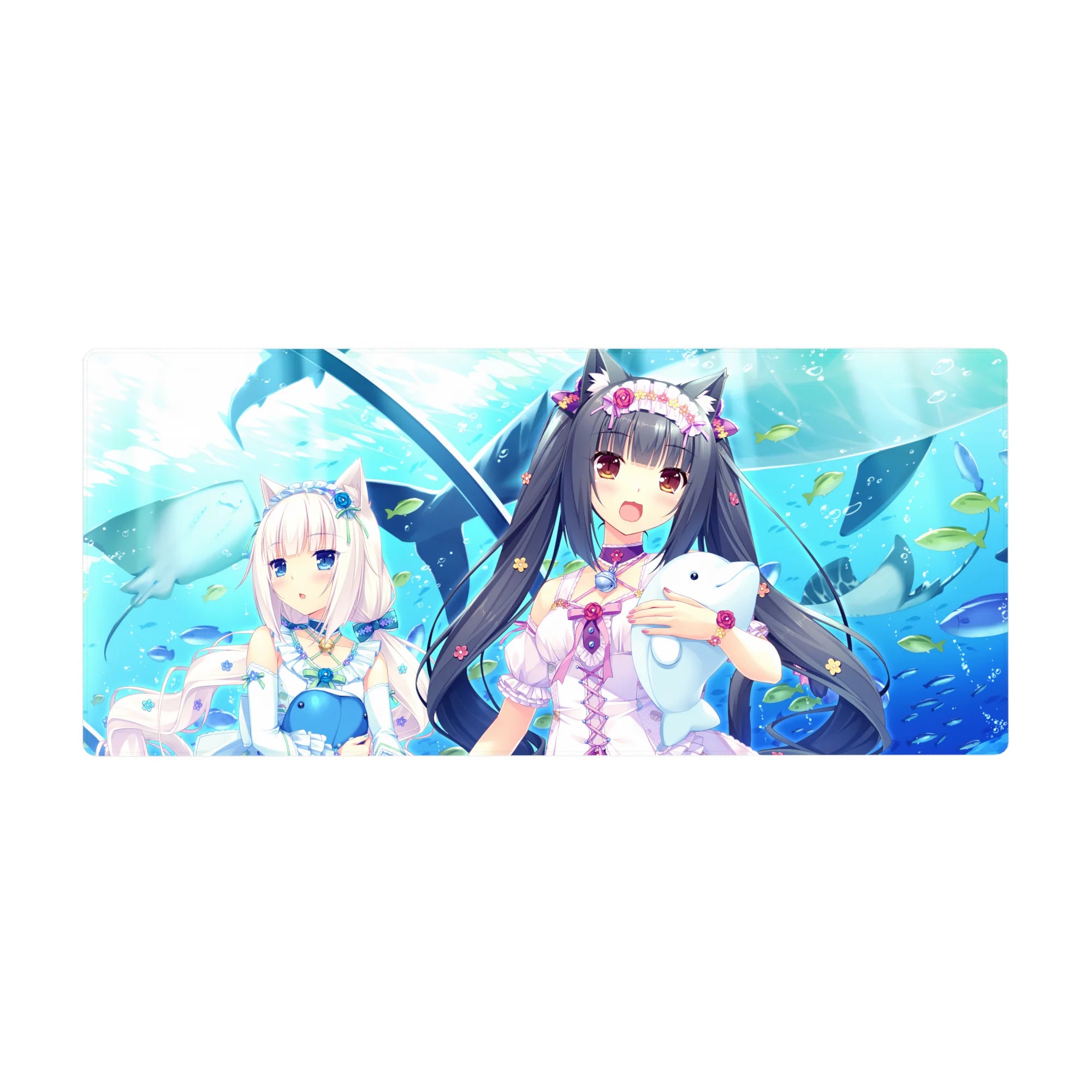 36x16 inches anime girl desk pad with ocean blue background, cute fish, and catgirls holding plush whales.