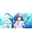 36x16 inches anime girl desk pad with ocean blue background, cute fish, and catgirls holding plush whales.