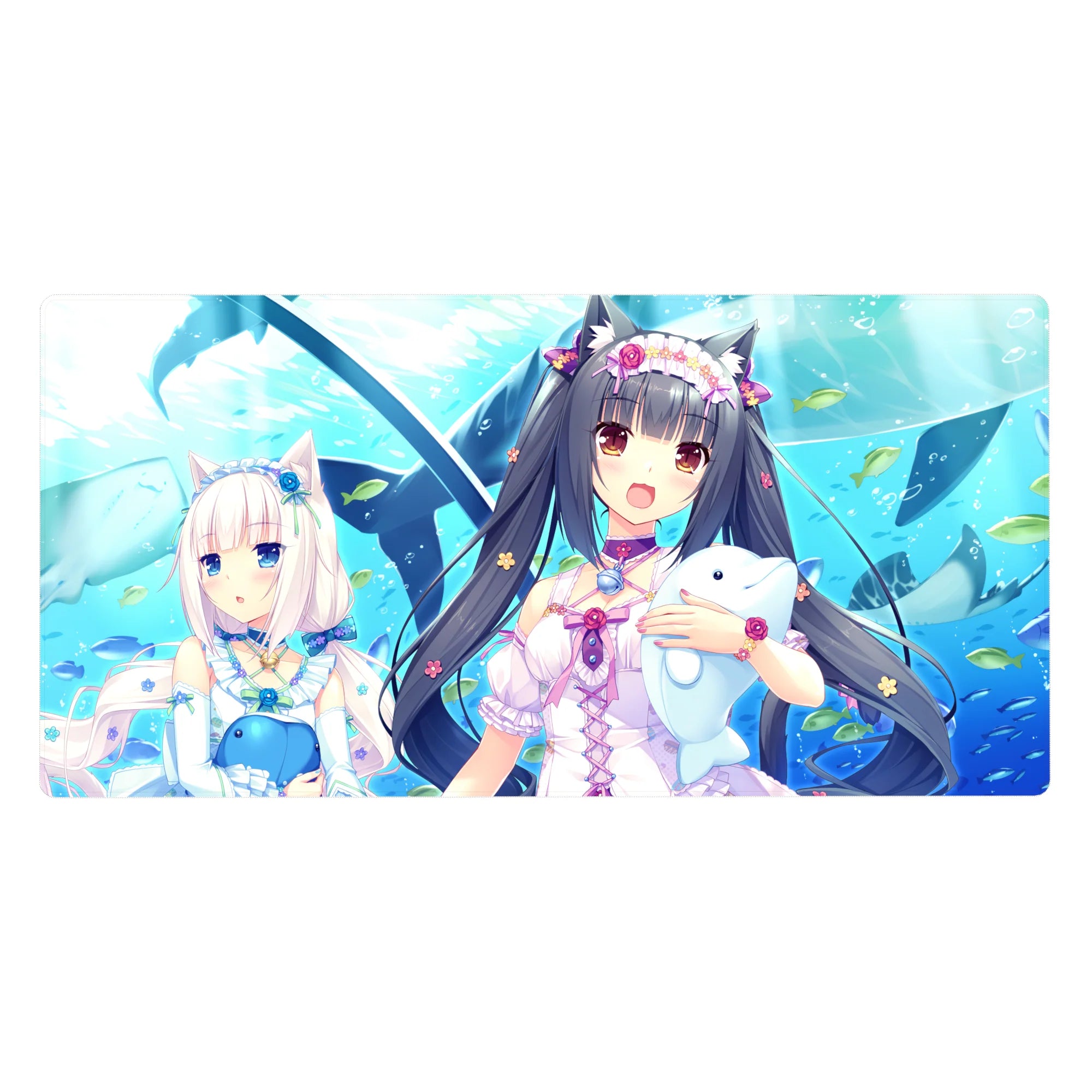40x20 inches anime girl desk pad with ocean blue background, cute fish, and catgirls holding plush whales.