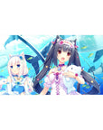 40x20 inches anime girl desk pad with ocean blue background, cute fish, and catgirls holding plush whales.