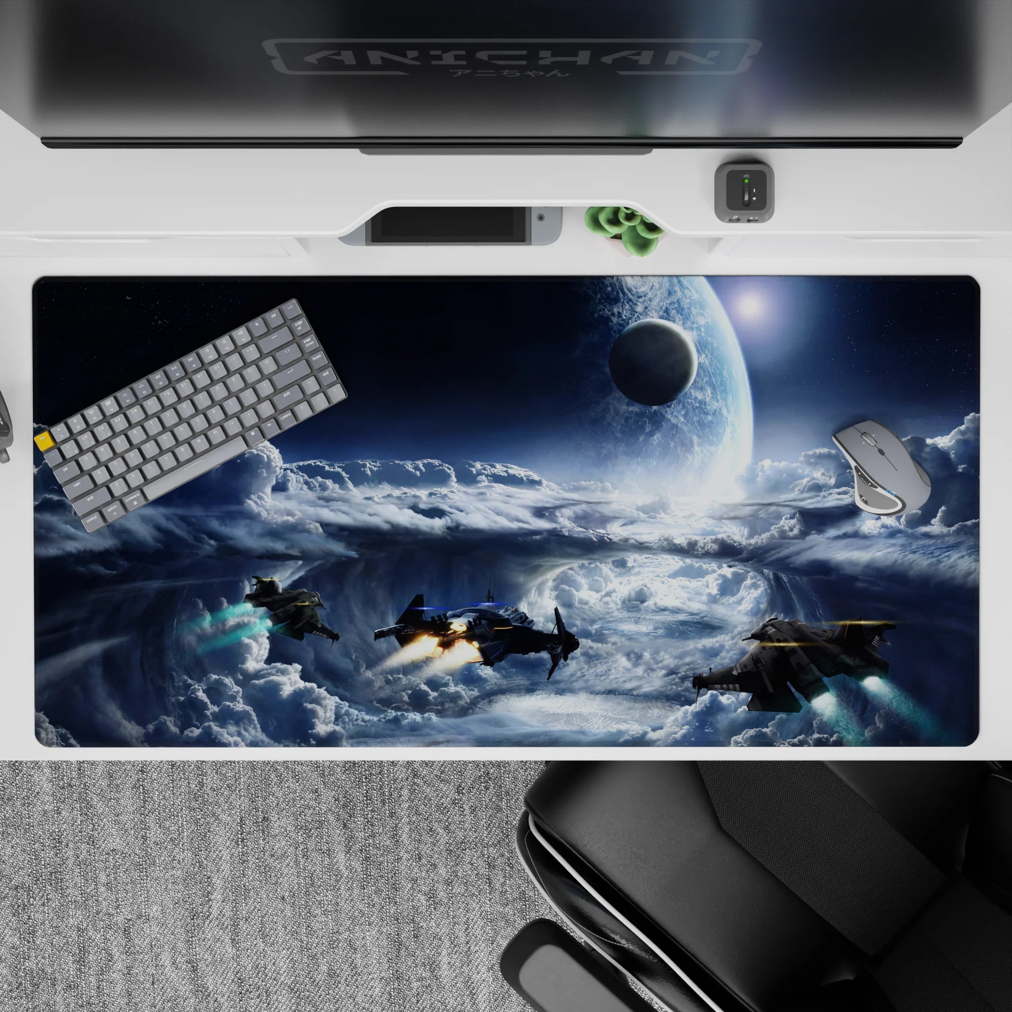 Cool blue and misty gray desk pad with heroic light bursts, 40x20 inches, for late-night setups.