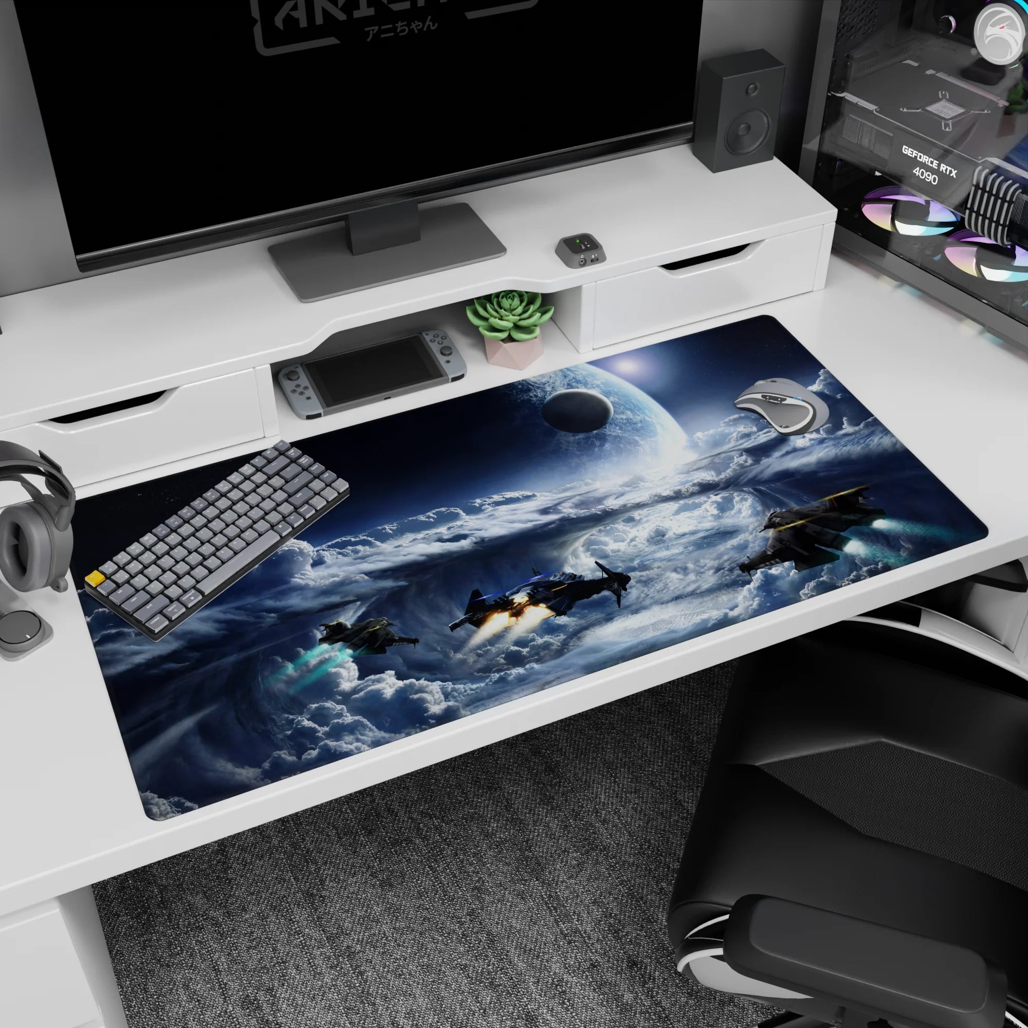 Giant moon over rolling storm clouds desk pad, 40x20 inches, sci-fi window look for your desk.