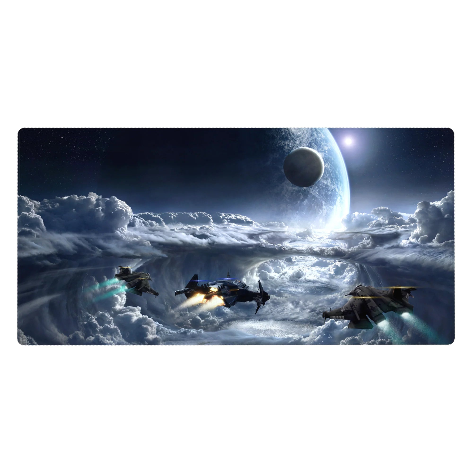 Midnight storm cloud and giant moon sci-fi desk pad, 40x20 inches, for keyboard and gaming.