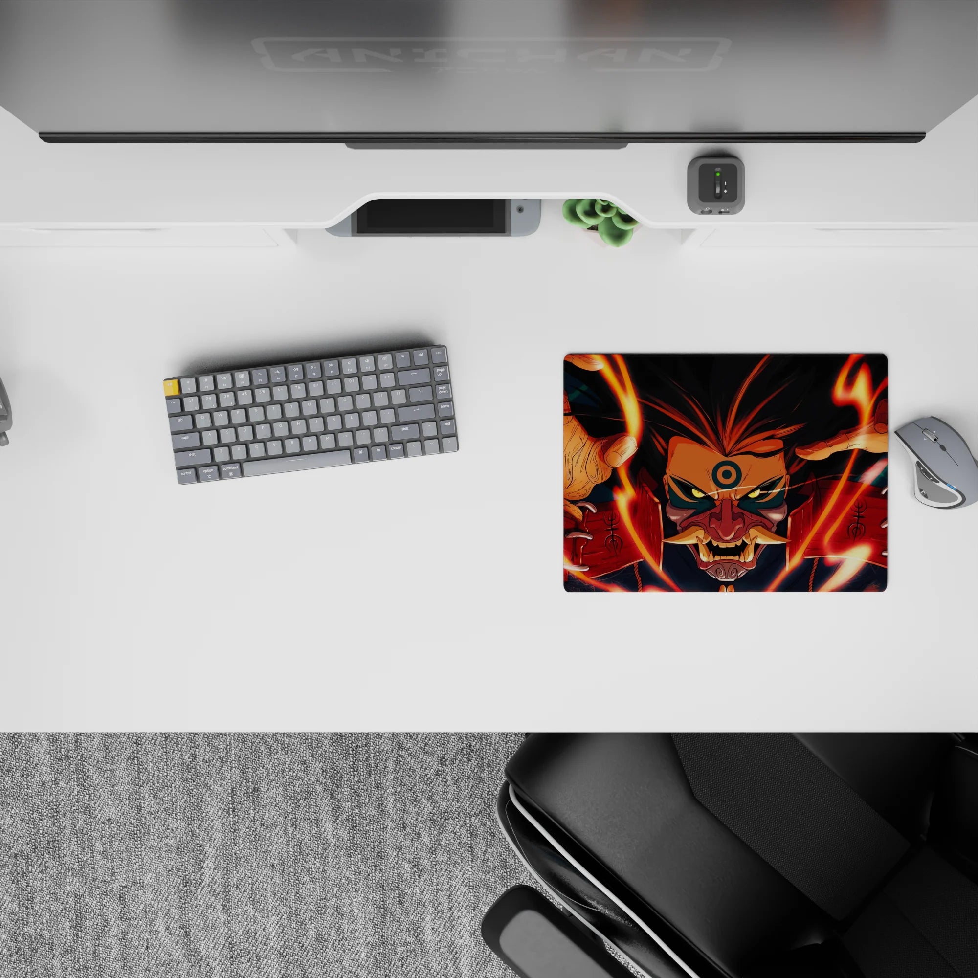 Fiery orange, deep red, and midnight blue anime mouse pad 14x10 inches with intense yellow-eyed vibe.