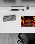 Fiery orange, deep red, and midnight blue anime mouse pad 14x10 inches with intense yellow-eyed vibe.