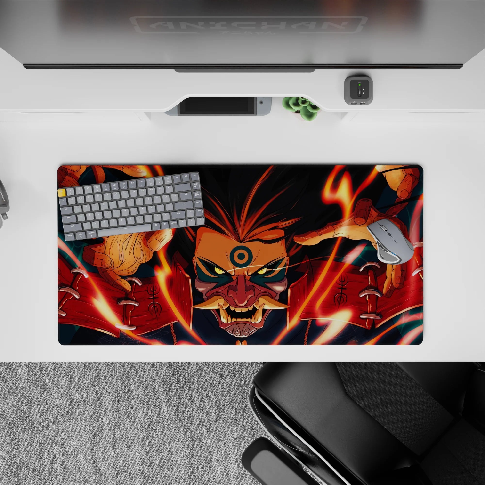 32x16 inches anime mouse pad in fiery orange, deep reds, and midnight blues with intense yellow eyes.