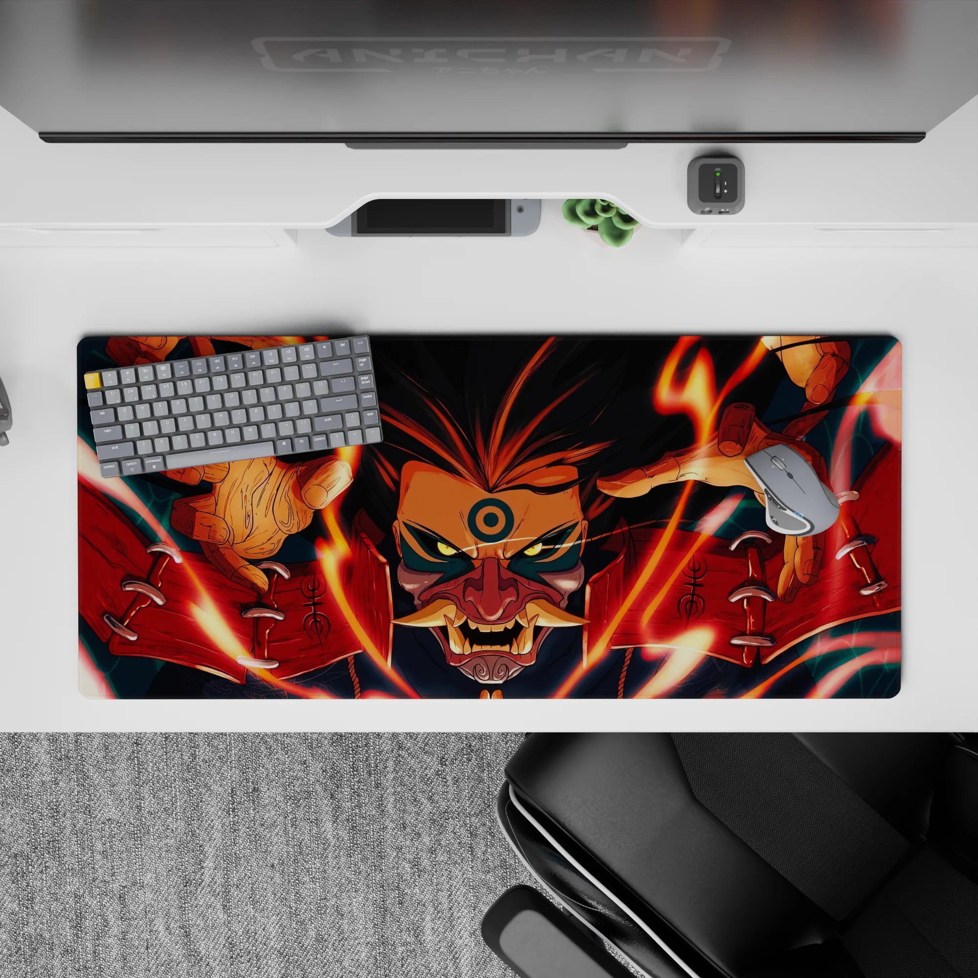 Fiery orange and deep red with midnight blue accents anime desk pad 36x16 inches, intense vibe.