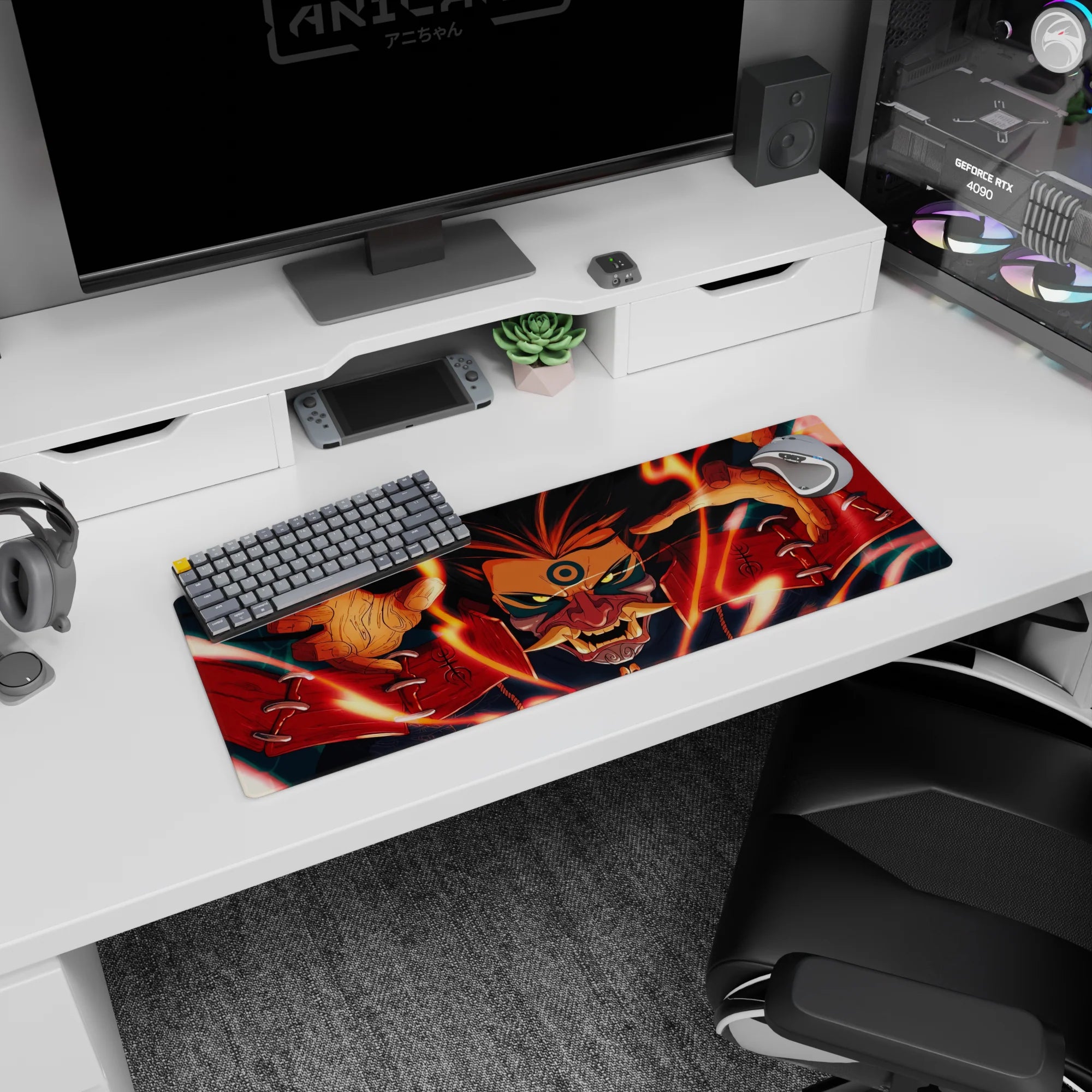 32x12 inches Naruto mouse pad with Kurama staring over the desk, mask-like markings and reaching claws.