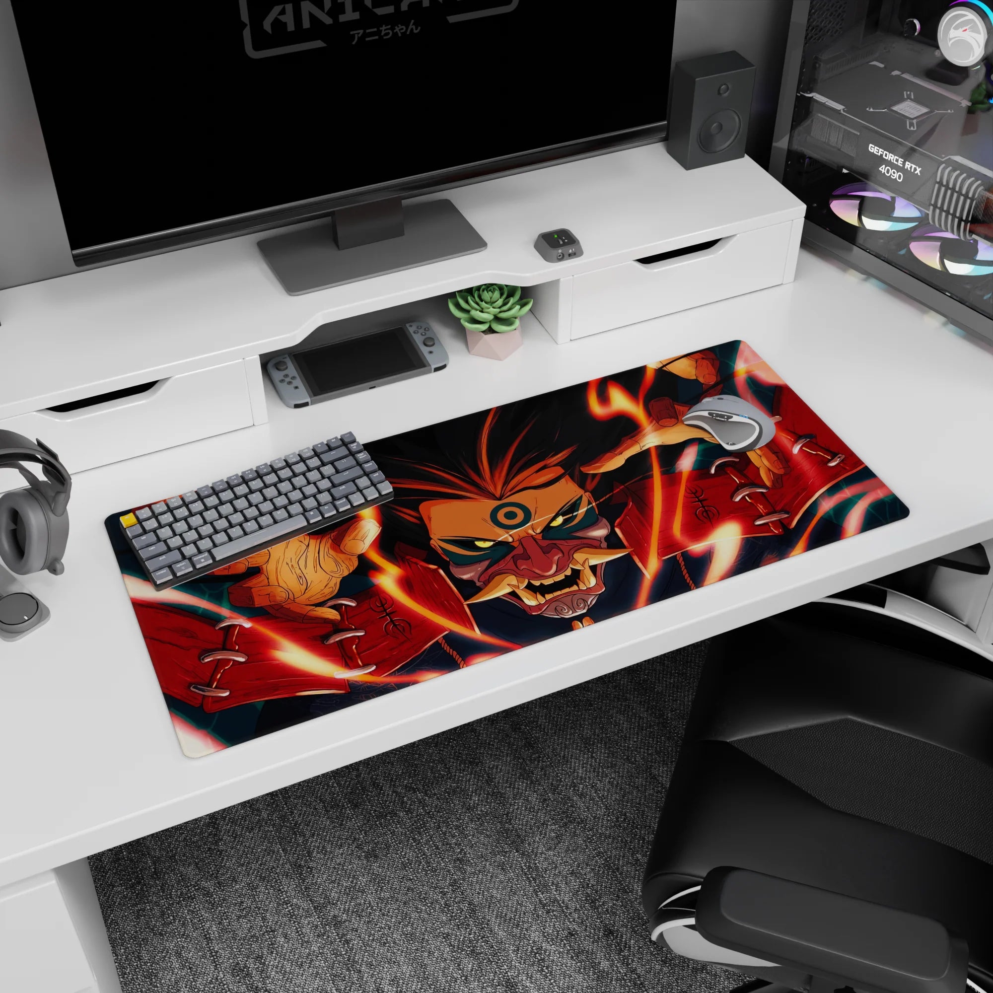 Kurama from Naruto staring forward on anime desk pad 36x16 inches, sharp yellow eyes and reaching claws.