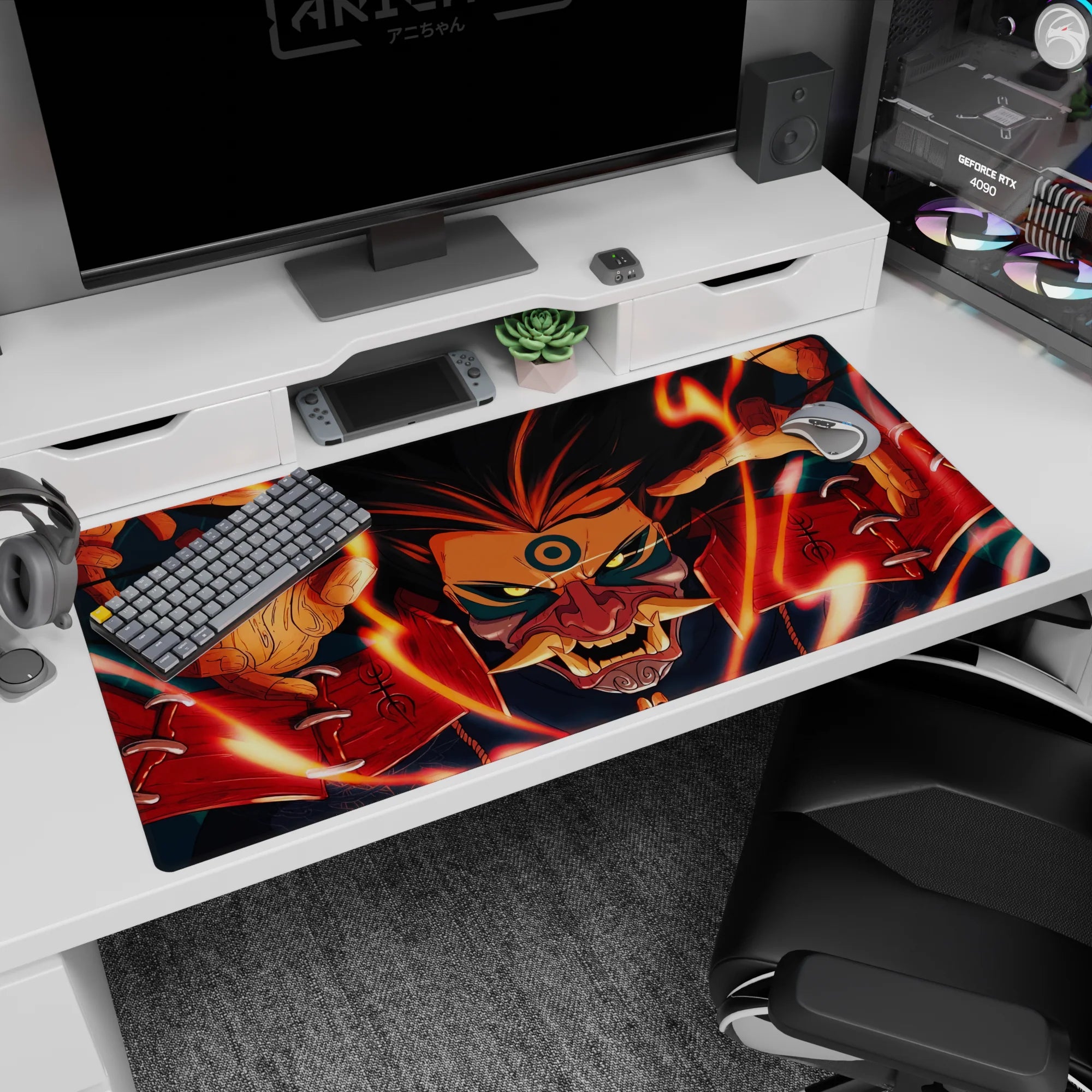 40x20 inches desk pad showing Kurama staring forward as swirling flames wrap around his face and reaching claws.
