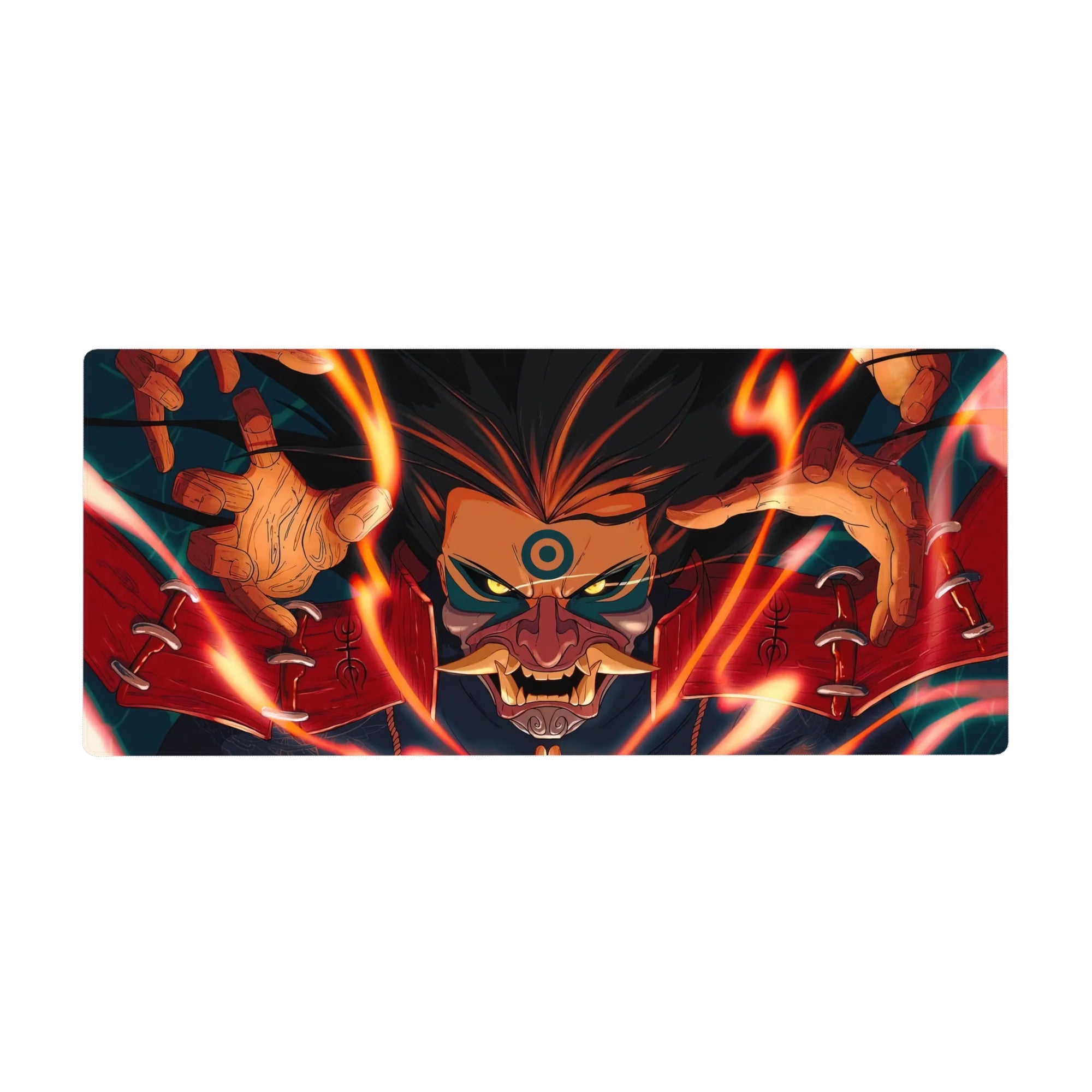 Kurama Nine-Tailed Fox anime desk pad 36x16 inches with fierce eyes, clawed hands, bold markings.