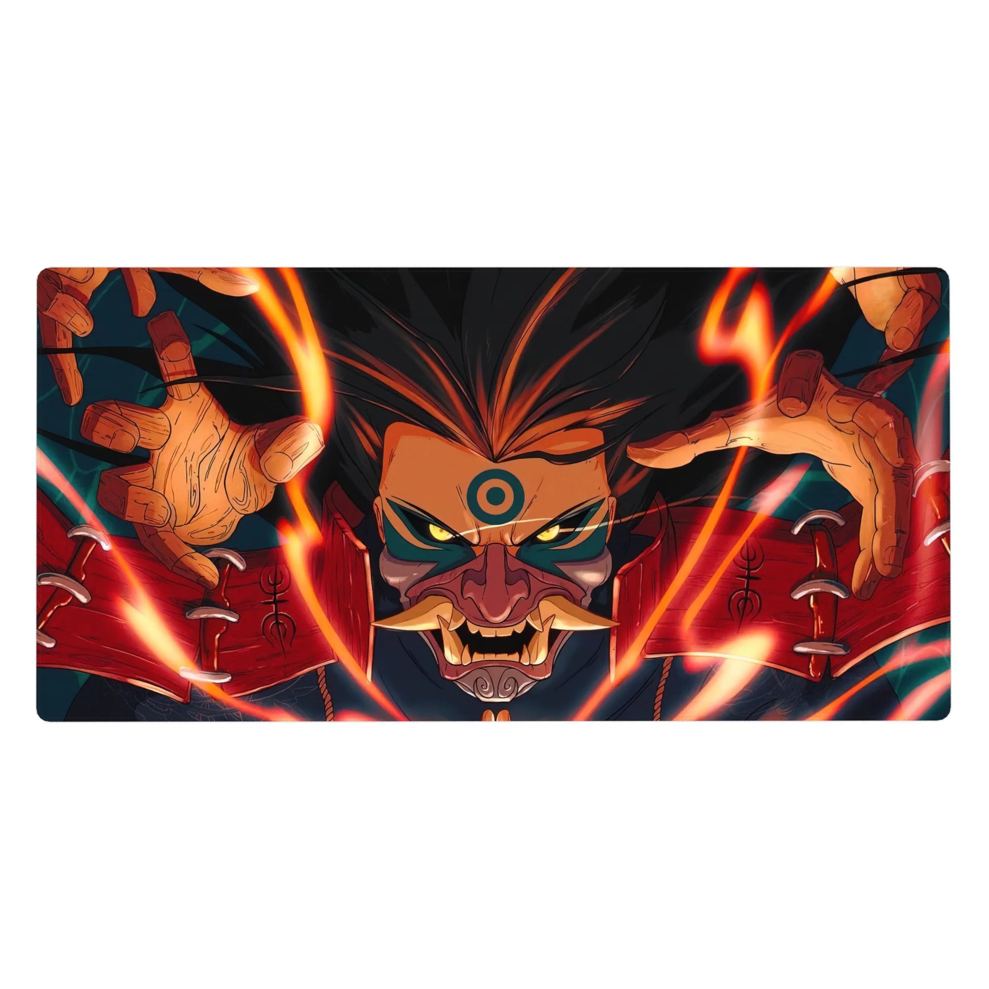 40x20 inches anime desk pad with Kurama Nine-Tailed Fox, clawed hands, and bold mask-like markings.