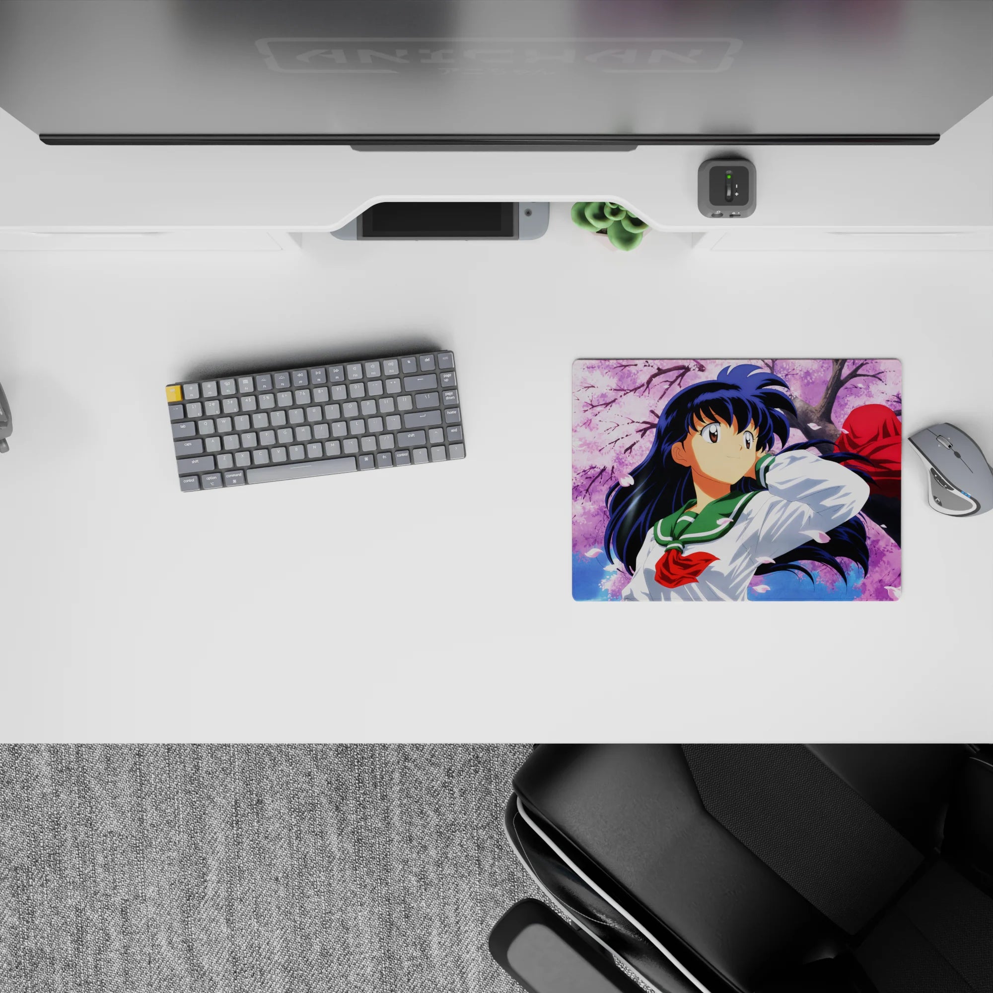 Pink sky and drifting petals on a 14x10 inches anime mouse pad, calm spring romance with red and green.